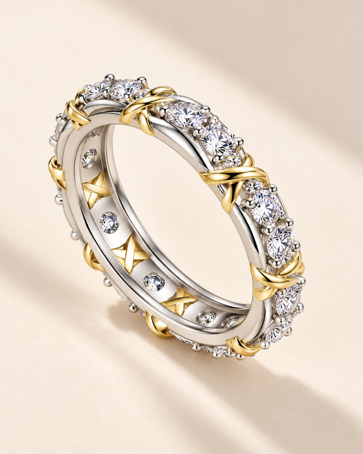 Women's two-tone moissanite crossover eternity ring