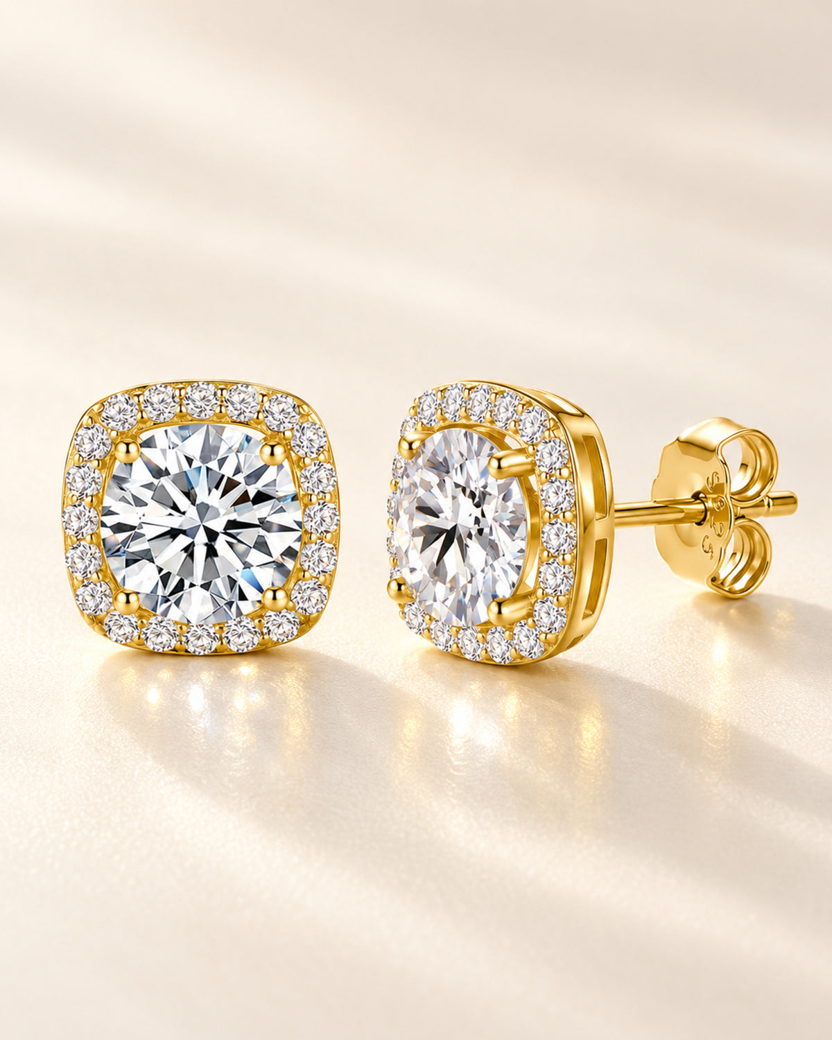 Gold-tone moissanite cushion halo stud earrings showing front and profile