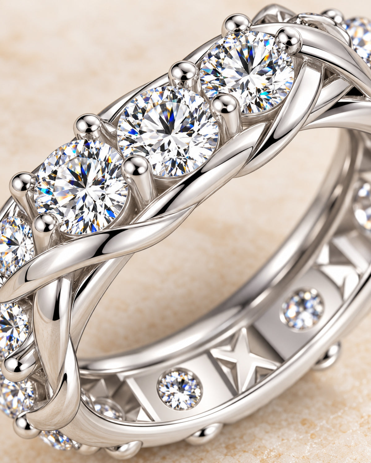 Moissanite crossover ring macro detail with round-cut stones