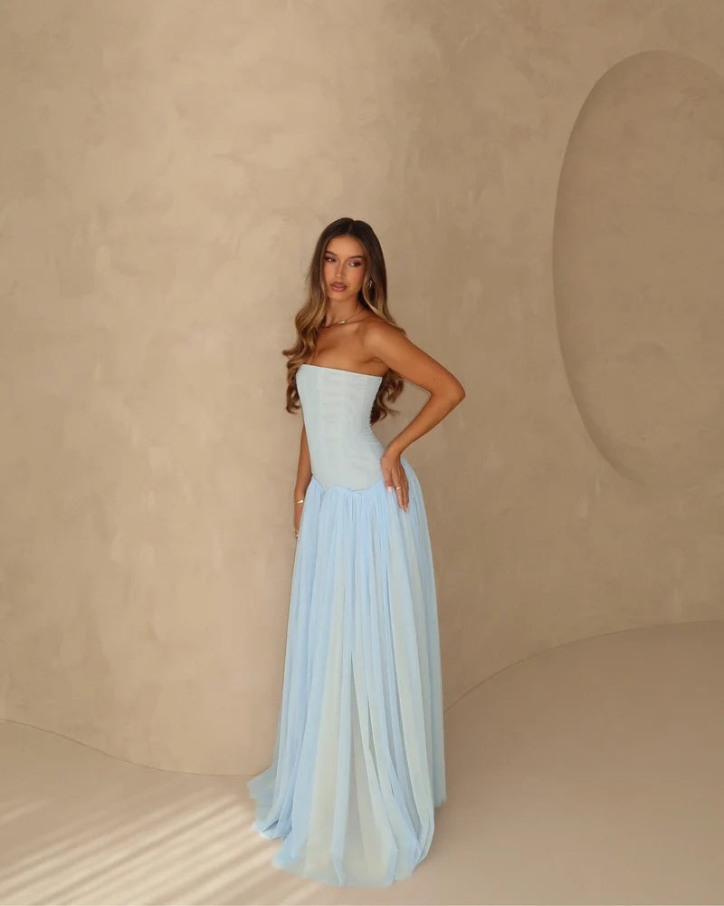 Women's Strapless Tulle Maxi Dress with Fitted Bodice Design