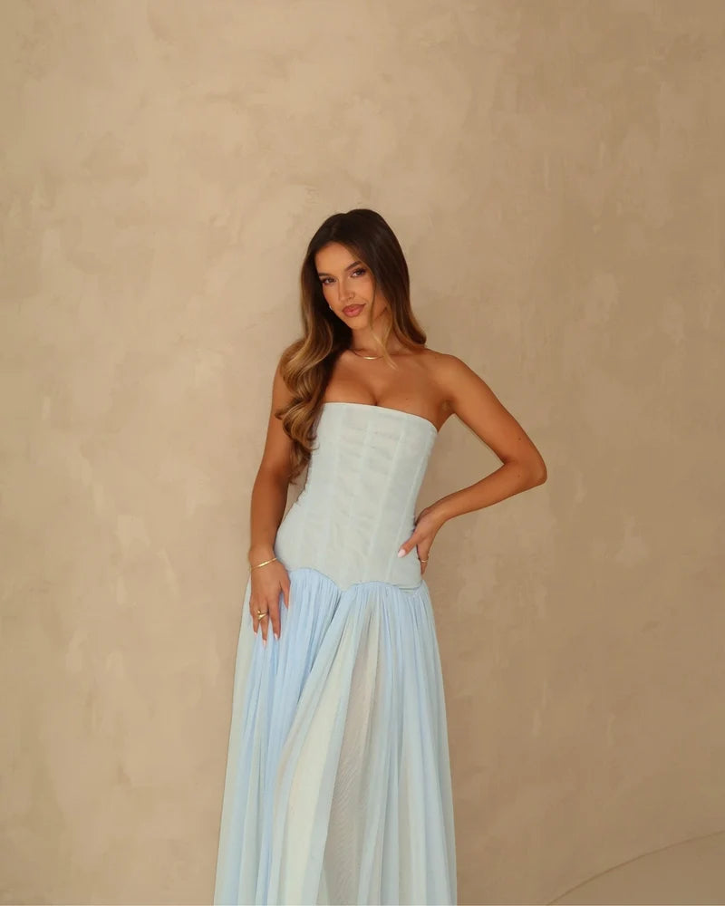 Women's Strapless Tulle Maxi Dress with Fitted Bodice Design