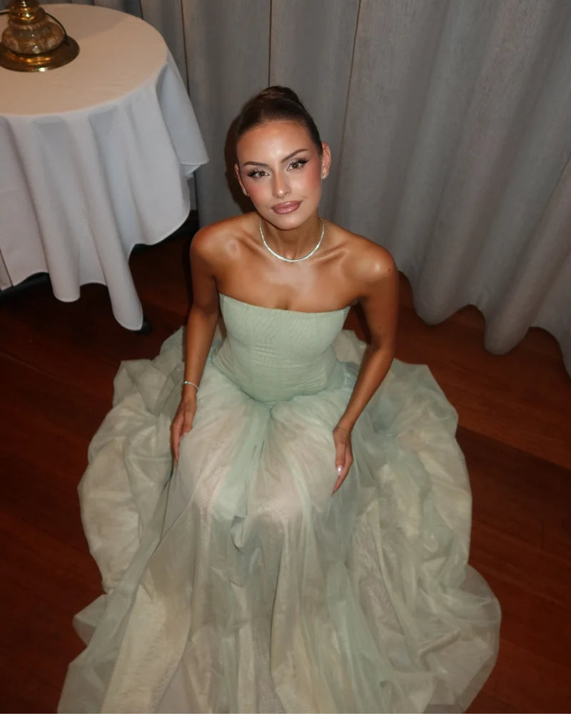 Women's Strapless Tulle Maxi Dress with Fitted Bodice Design