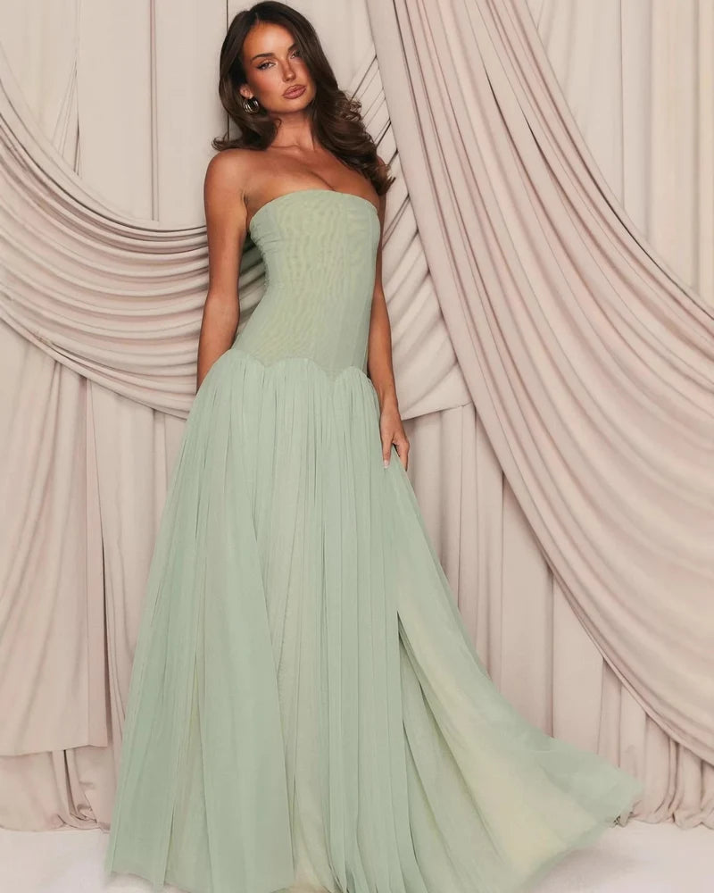 Women's Strapless Tulle Maxi Dress with Fitted Bodice Design