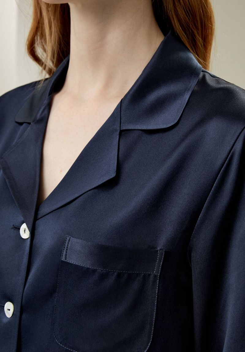 Women's Full Length Mulberry Silk Pyjama Set in Navy Blue