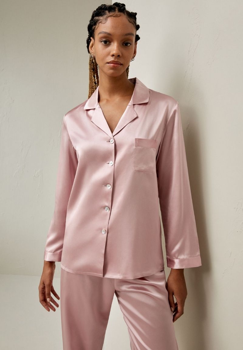 Women's Full Length Mulberry Silk Pyjama Set in Rosy Pink