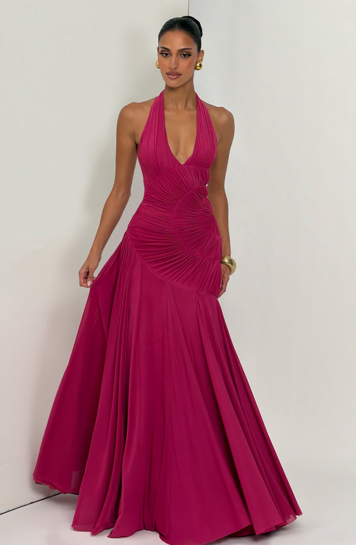 R.F Women's Dress Plunge Neckline Maxi Raspberry Mesh Evening