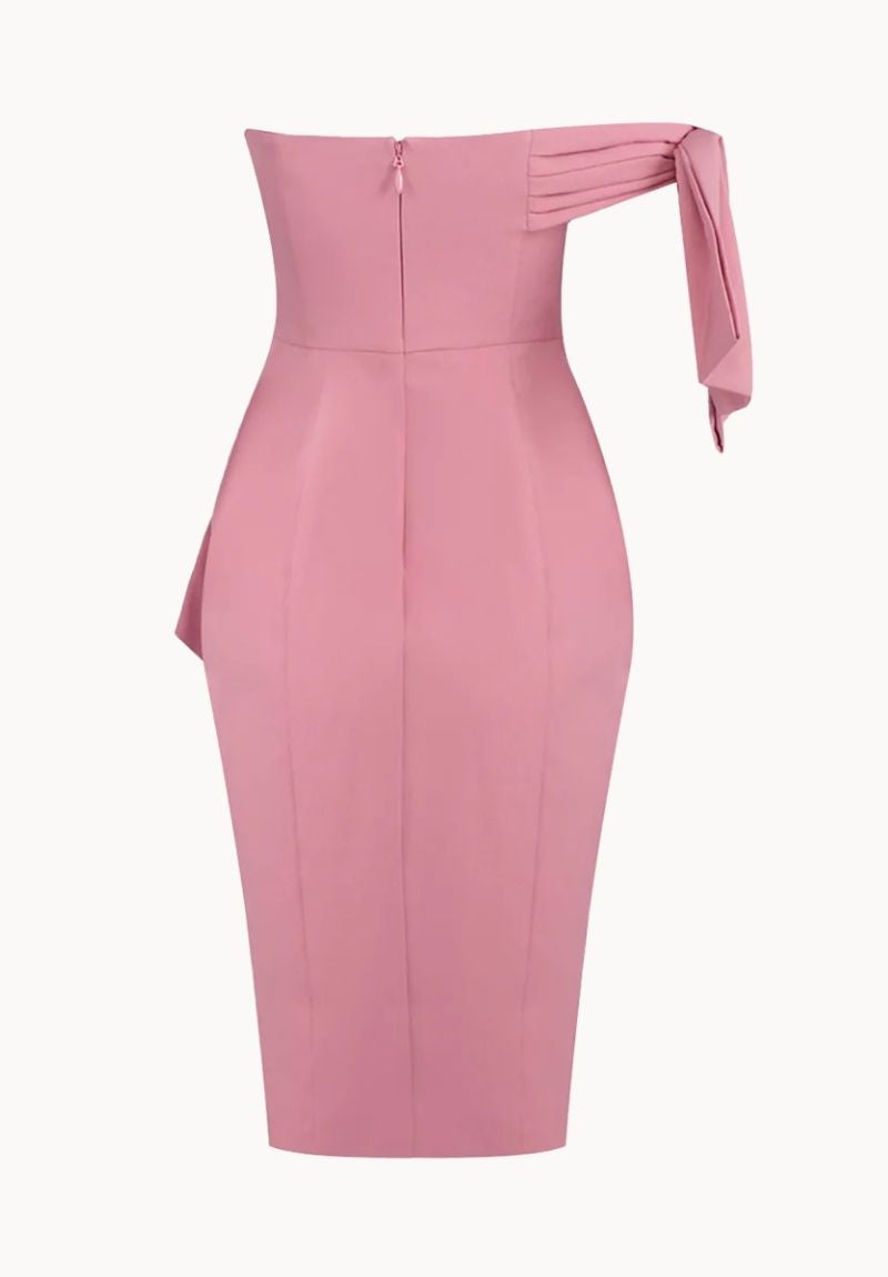 One Shoulder Bow Detail Midi Dress in Pink