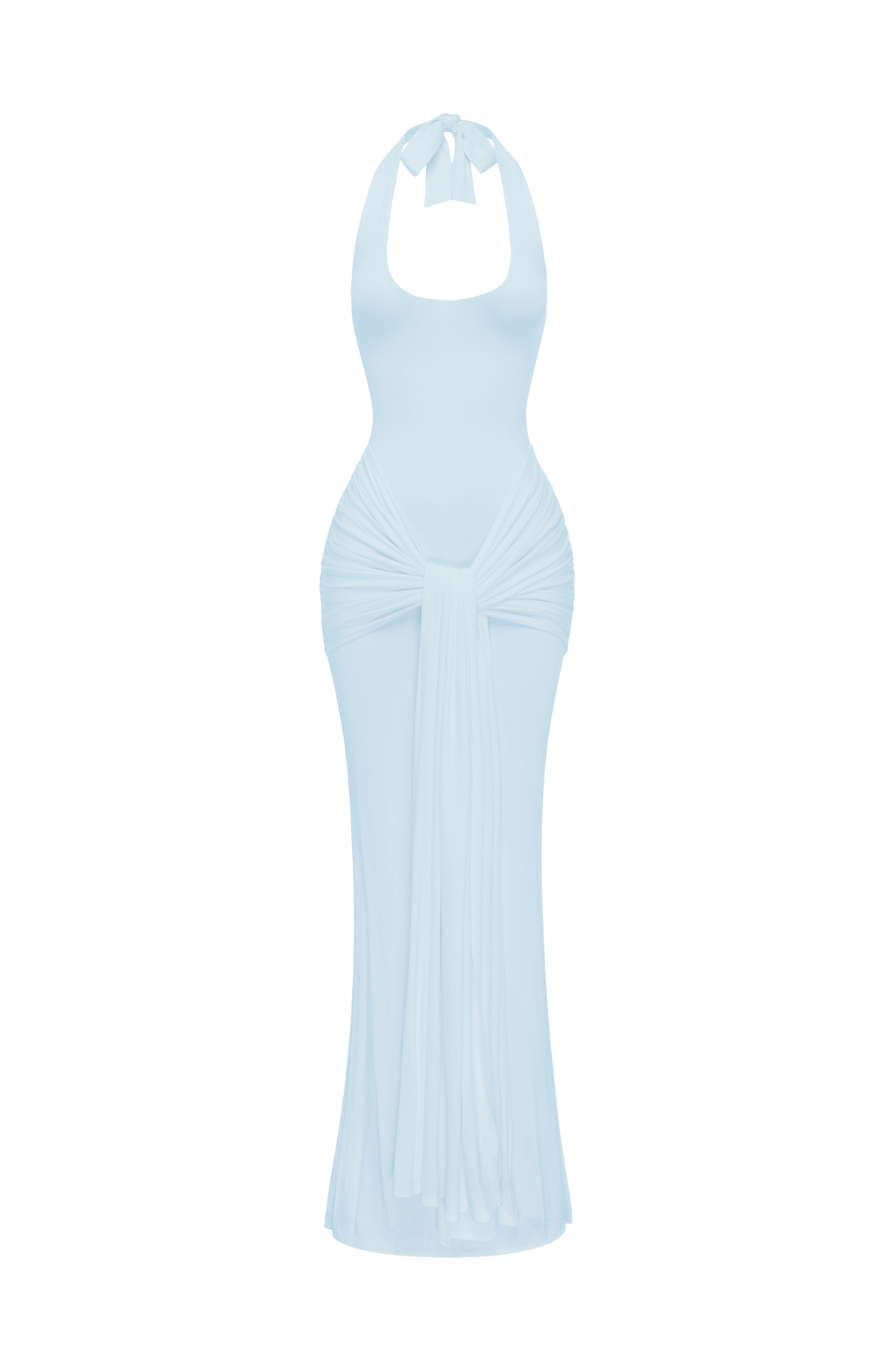 L.F Women's Dress Plunge Neckline Glacier Blue Ruched Jersey Evening