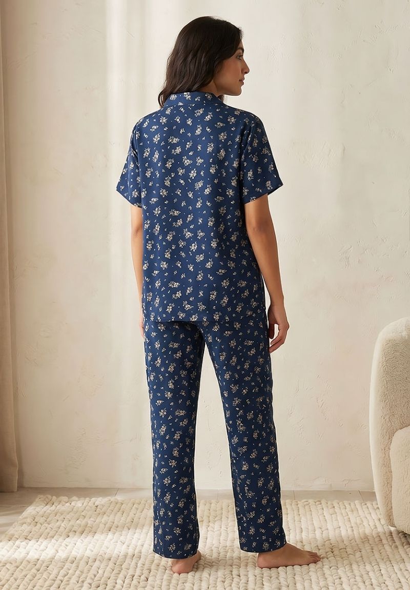 Women's Floral Viscose Button Front Pyjama Set with Eye Mask