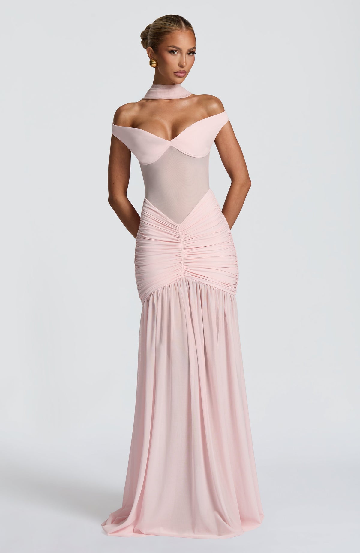 L.F Women's Dress Bardot Maxi Blush Jersey Mesh Formal