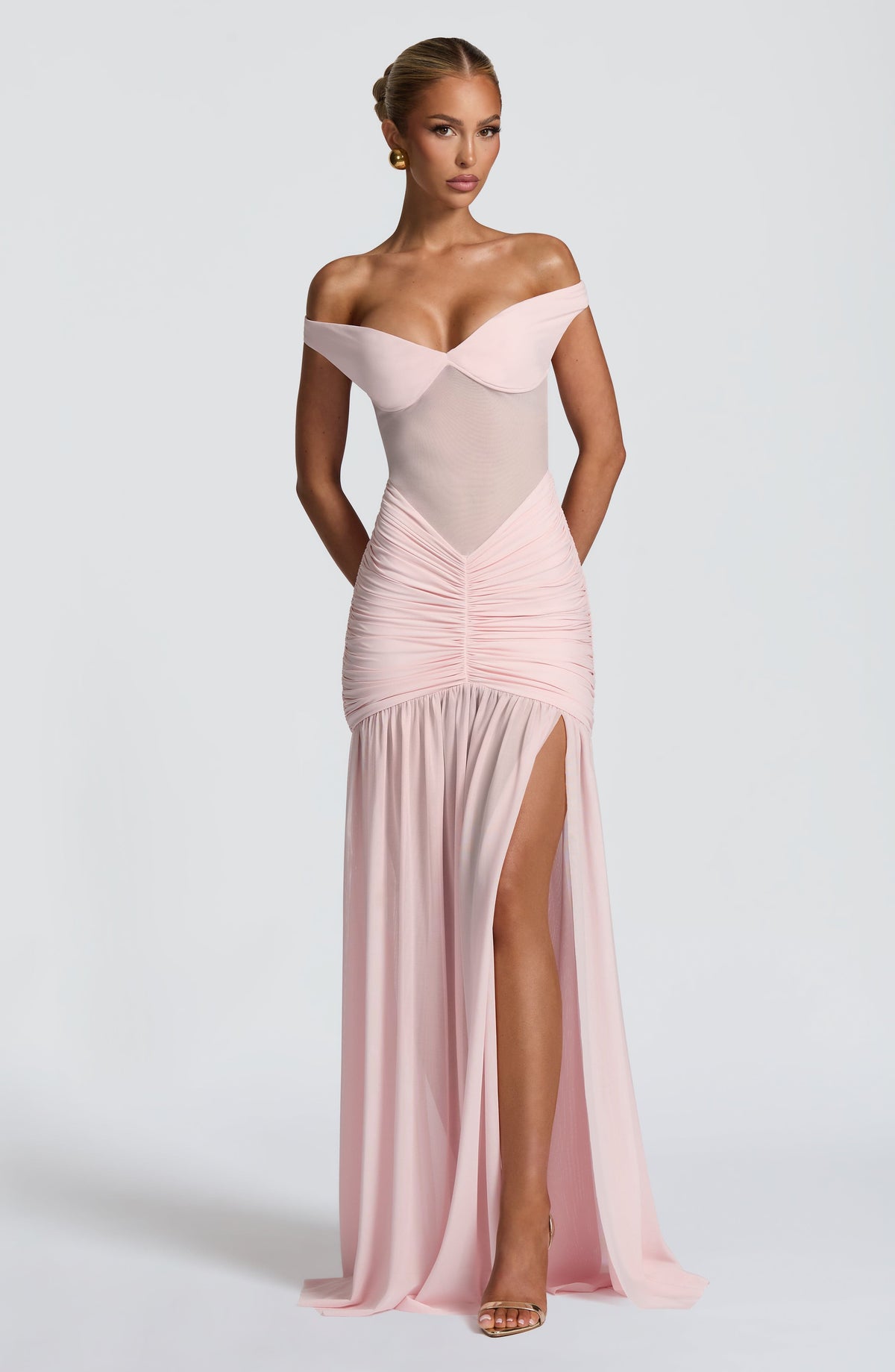 L.F Women's Dress Bardot Maxi Blush Jersey Mesh Formal