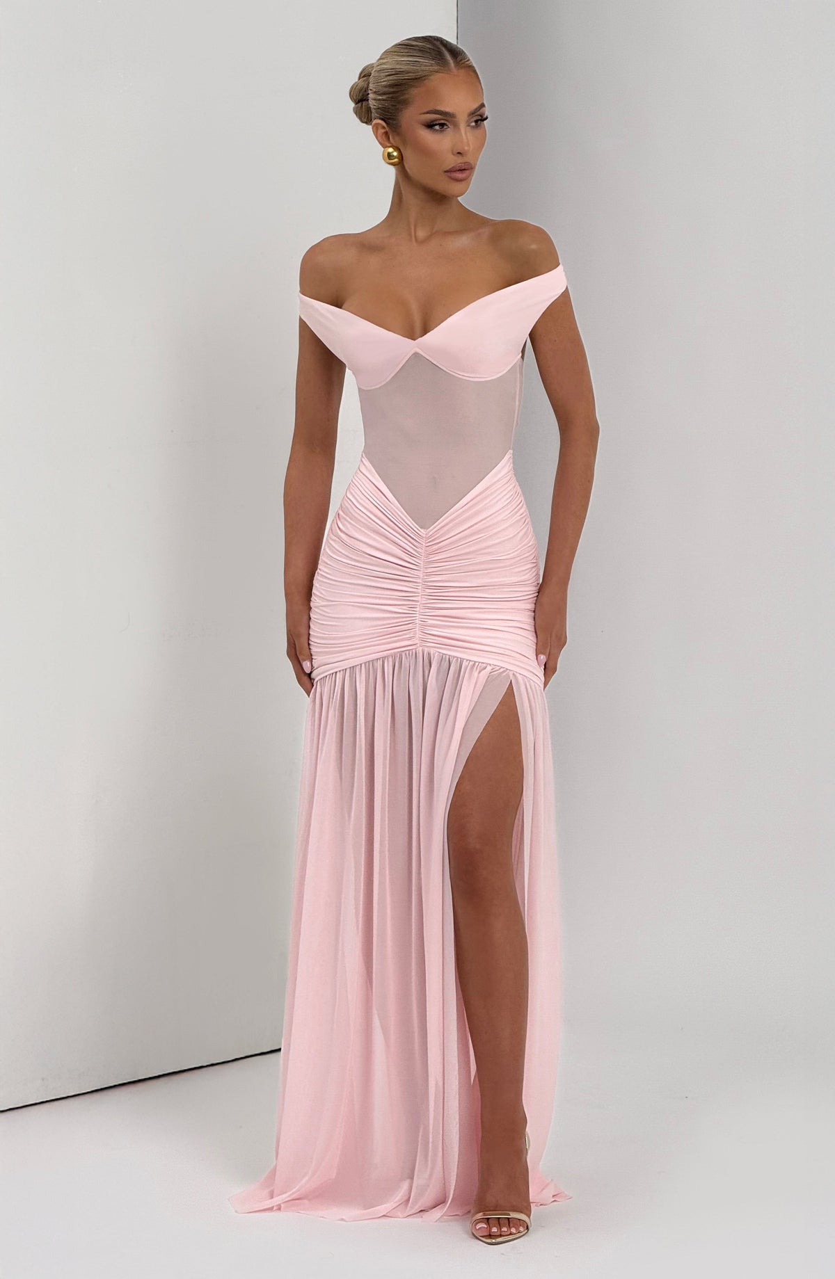 L.F Women's Dress Bardot Maxi Blush Jersey Mesh Formal