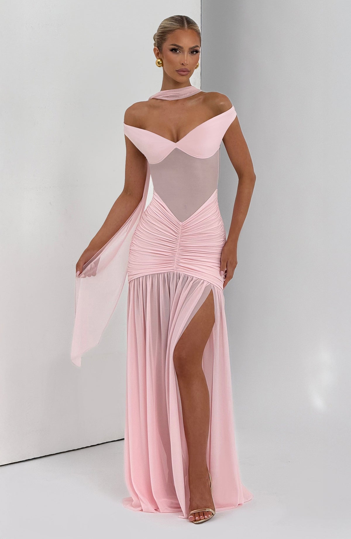 L.F Women's Dress Bardot Maxi Blush Jersey Mesh Formal