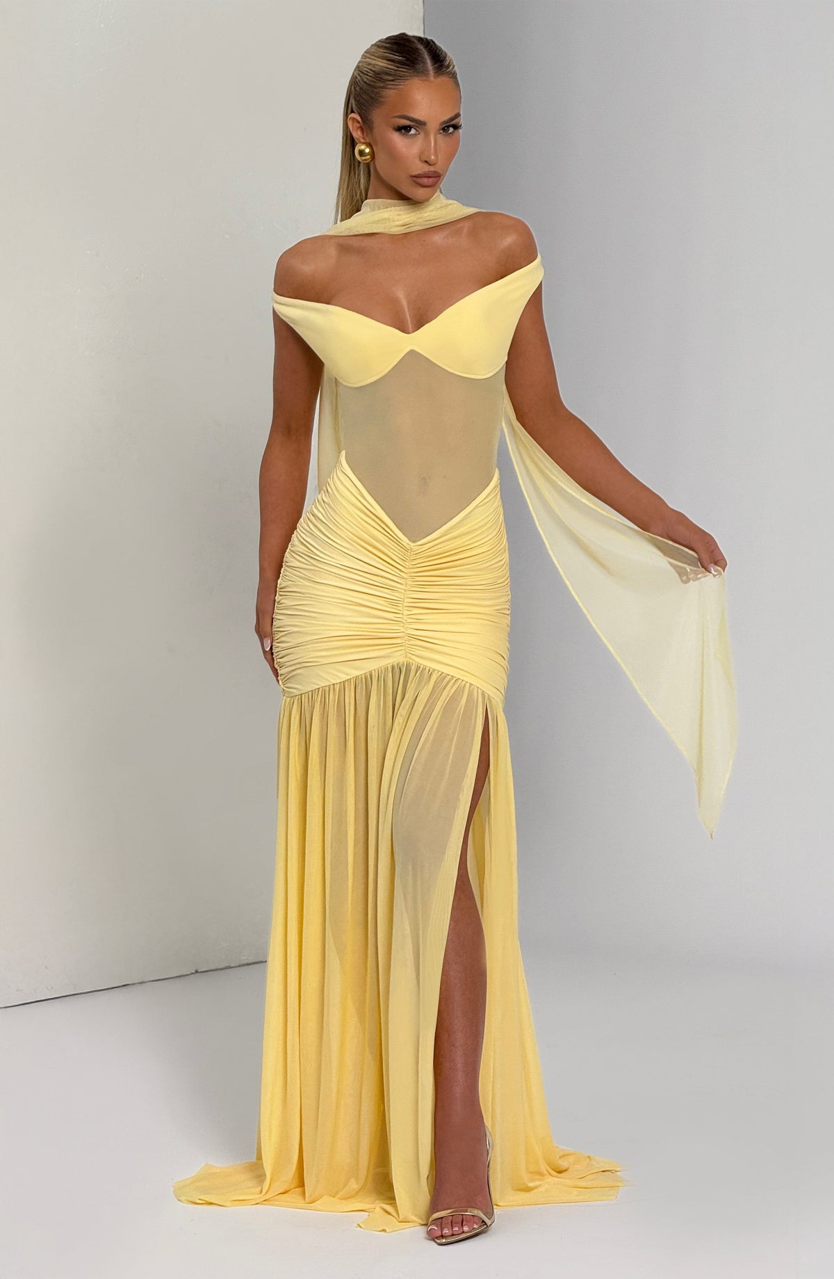 L.F Women's Dress Maxi Bardot Lemon Mesh Party