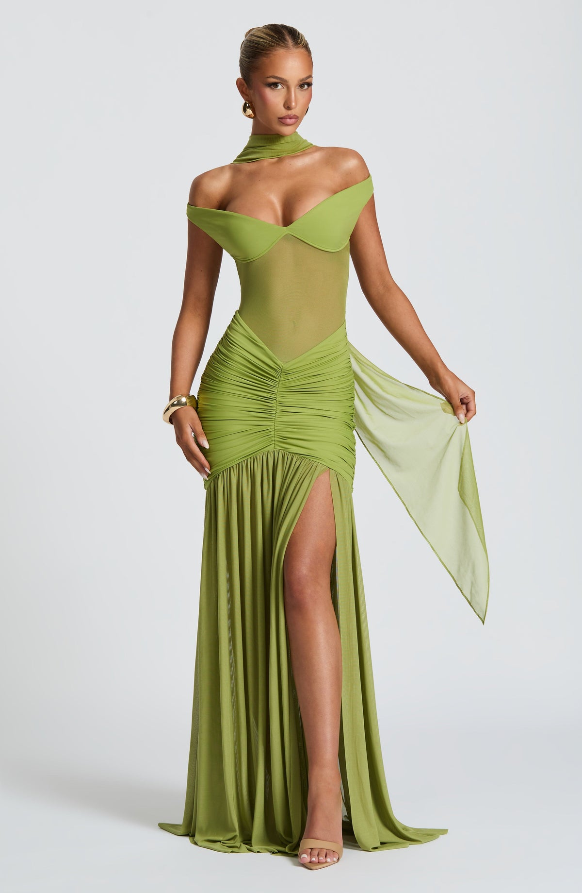 L.F Women's Dress Maxi Bardot Olive Mesh Evening
