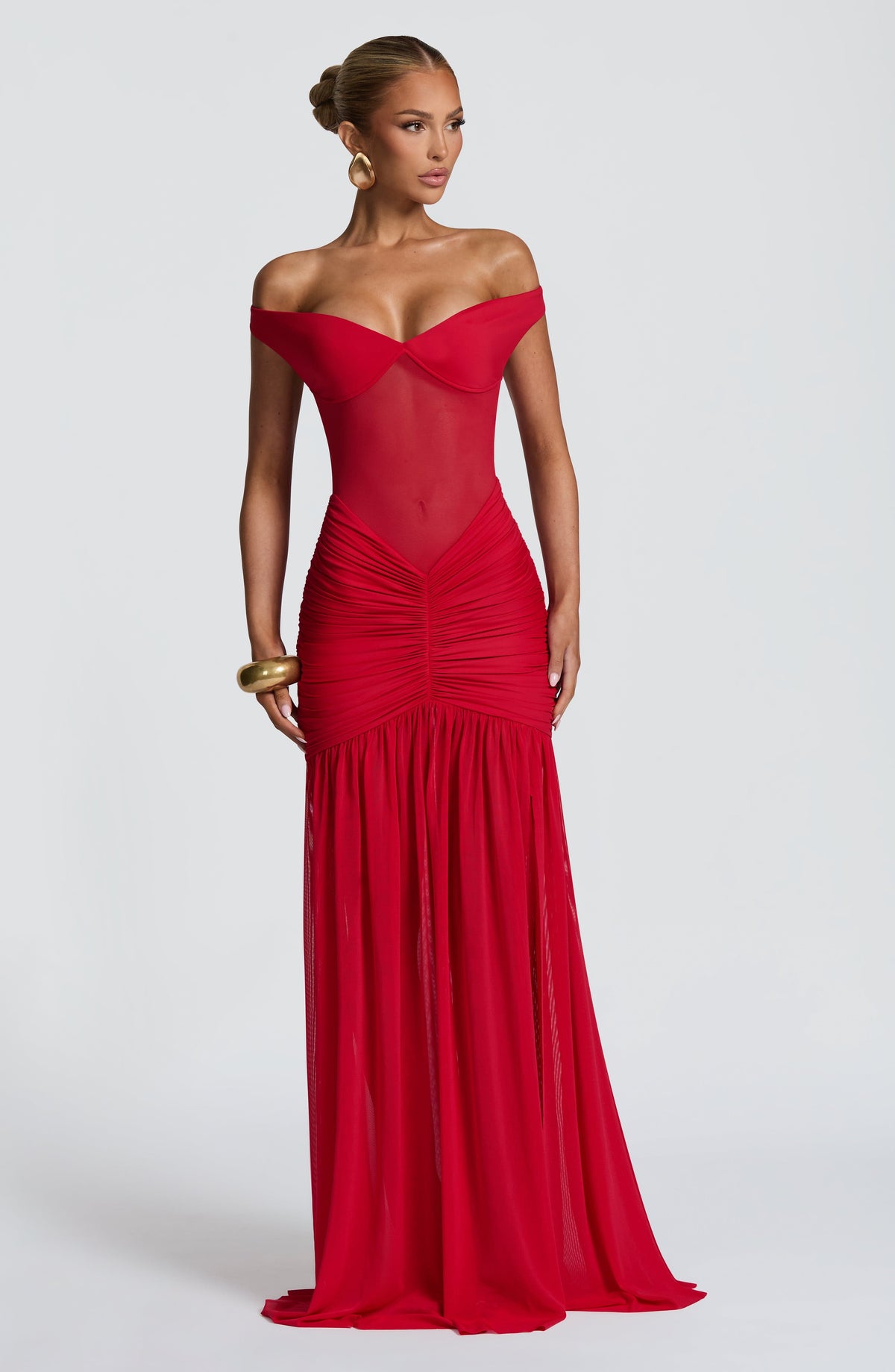 L.F Women's Dress Bardot Maxi Red Mesh Split Evening