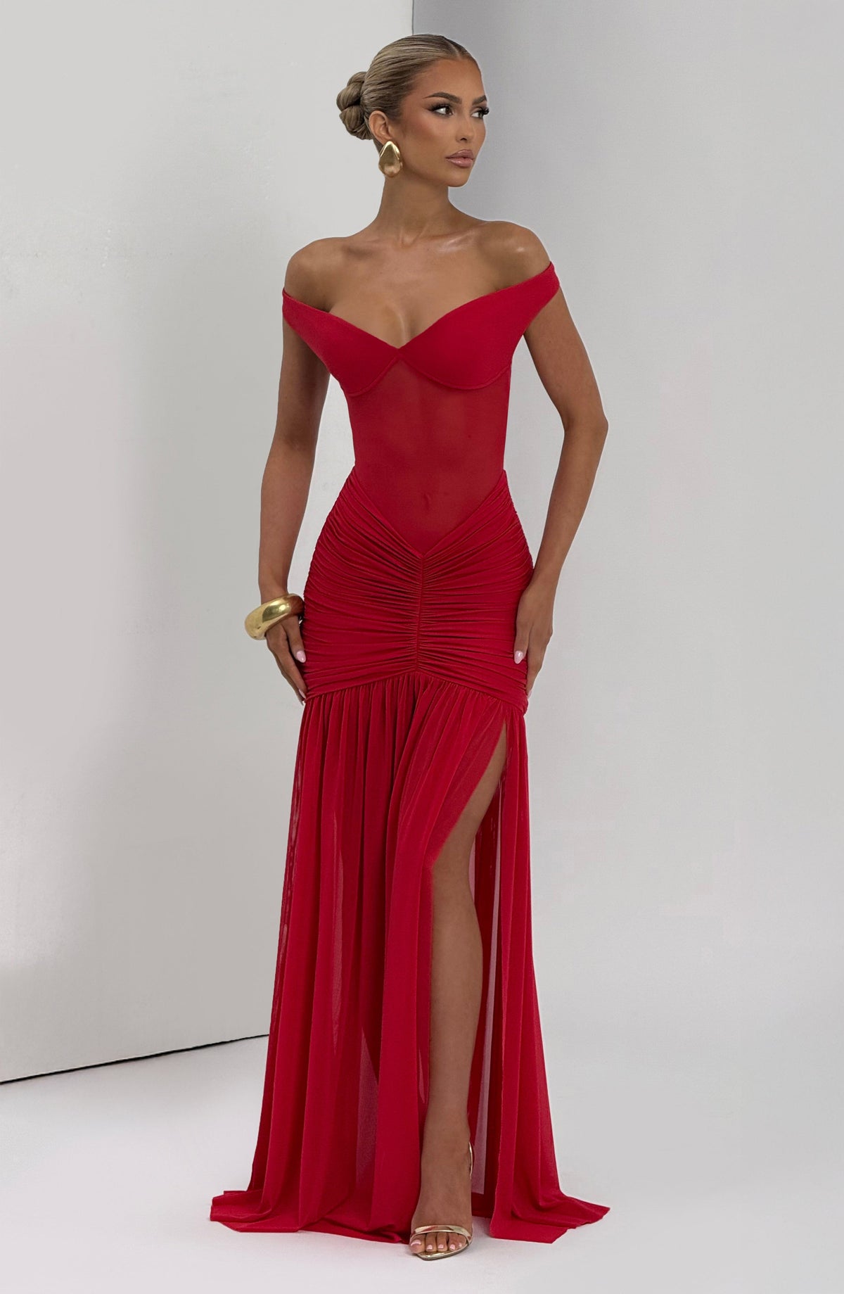 L.F Women's Dress Bardot Maxi Red Mesh Split Evening