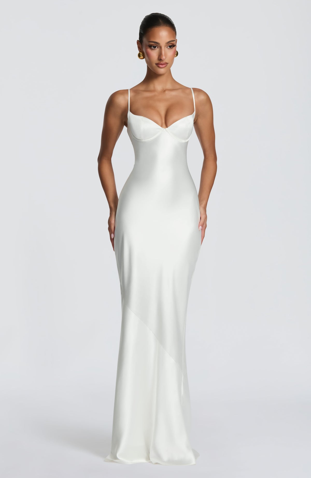 M.T Women's Dress Maxi Cupped Ivory Satin Formal