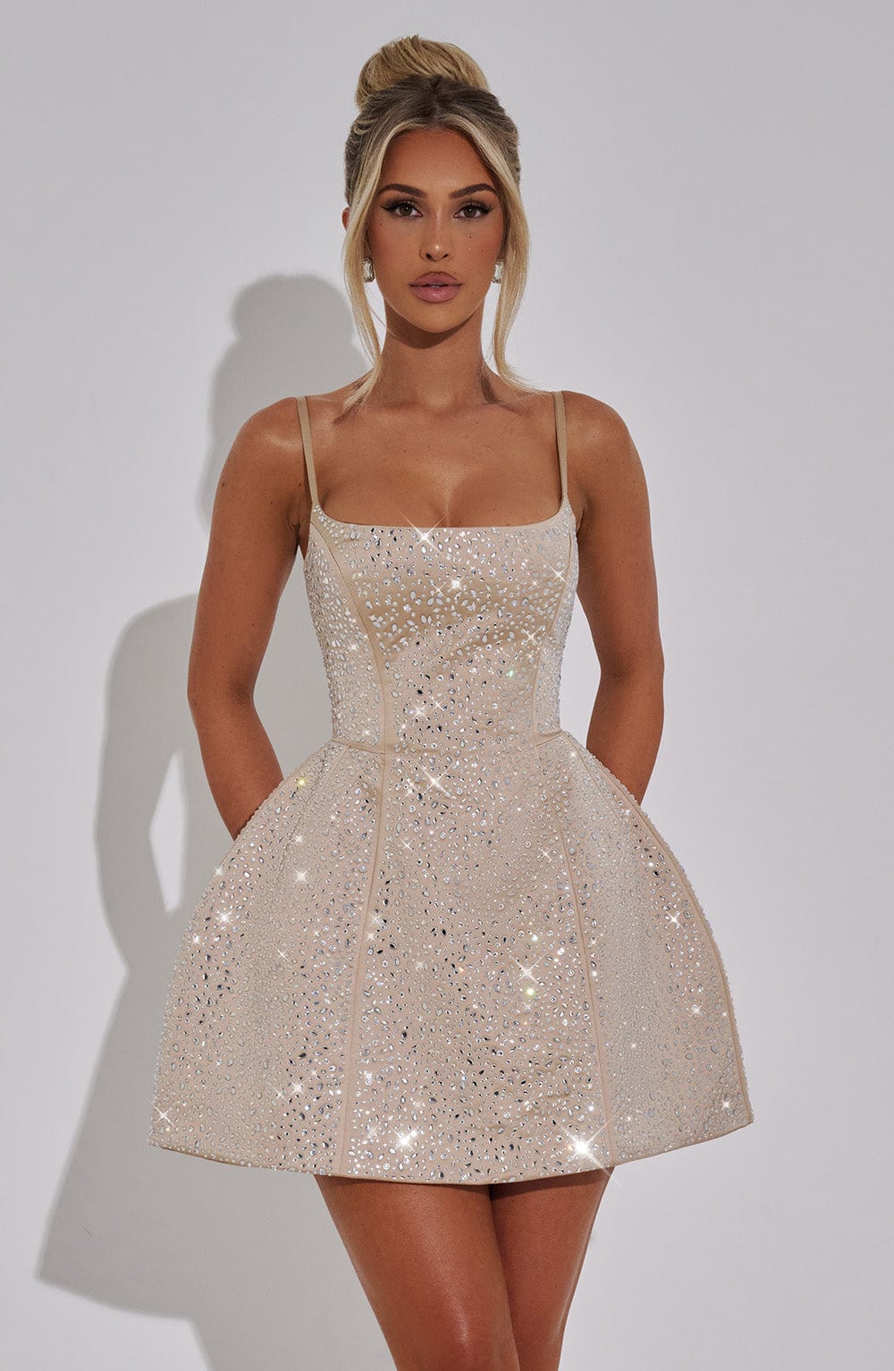 L.F Women's Dress Angelique Mini Square Neck Champagne Satin Rhinestone Party