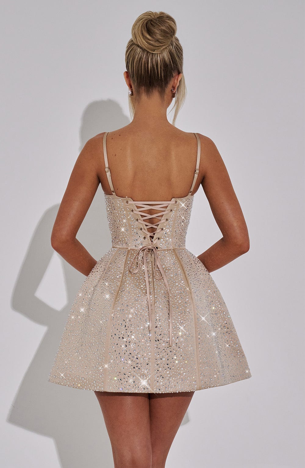 L.F Women's Dress Angelique Mini Square Neck Champagne Satin Rhinestone Party
