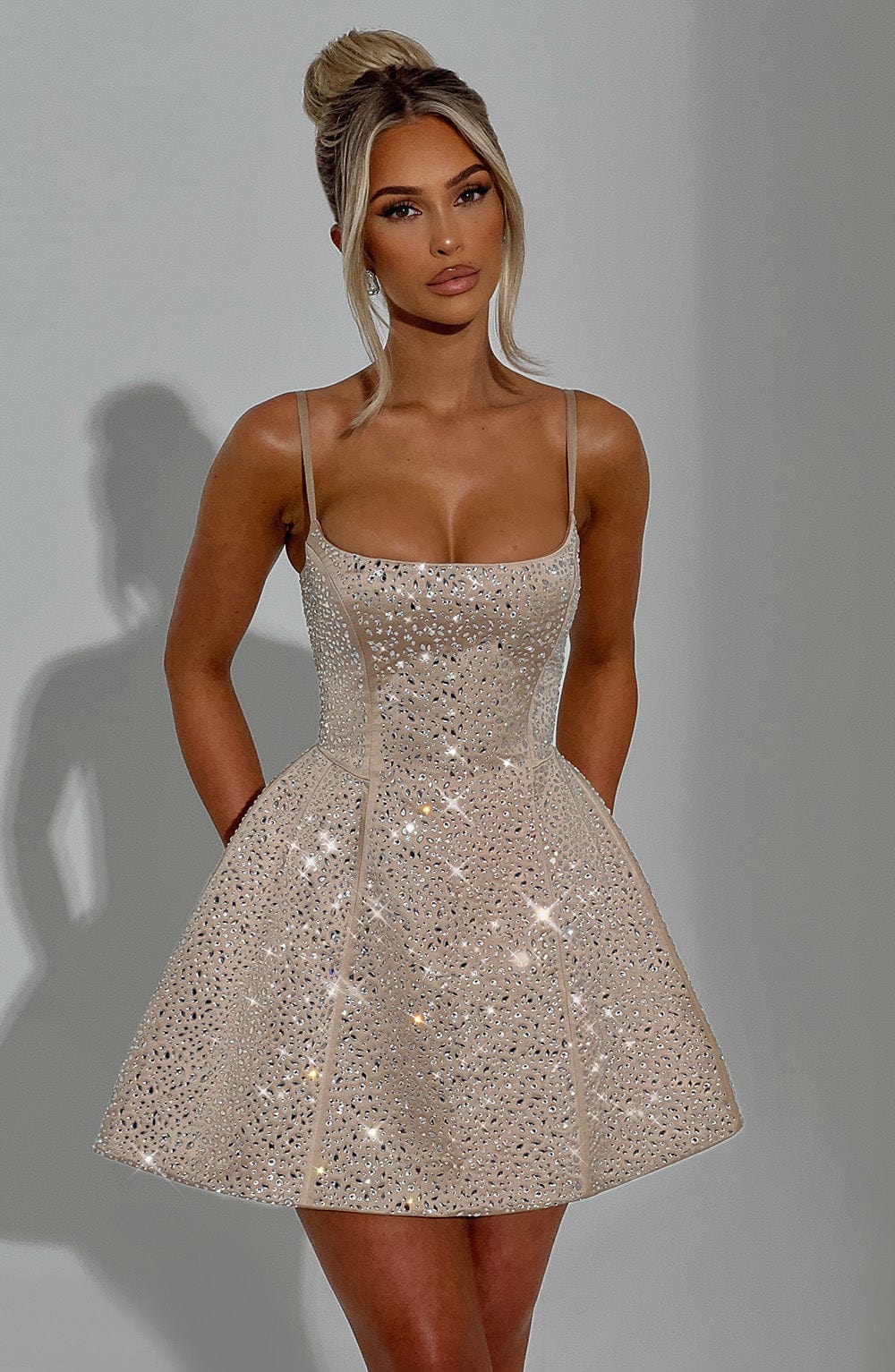 L.F Women's Dress Angelique Mini Square Neck Champagne Satin Rhinestone Party