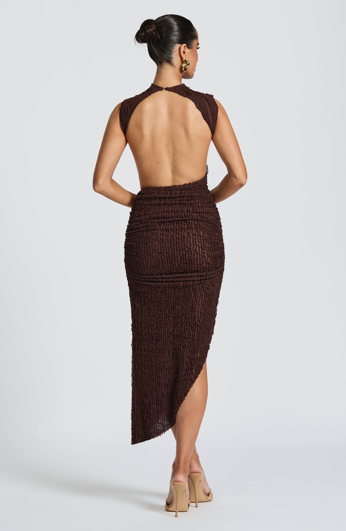L.F Women's Dress Midi Backless Plum Brown Ruched Party