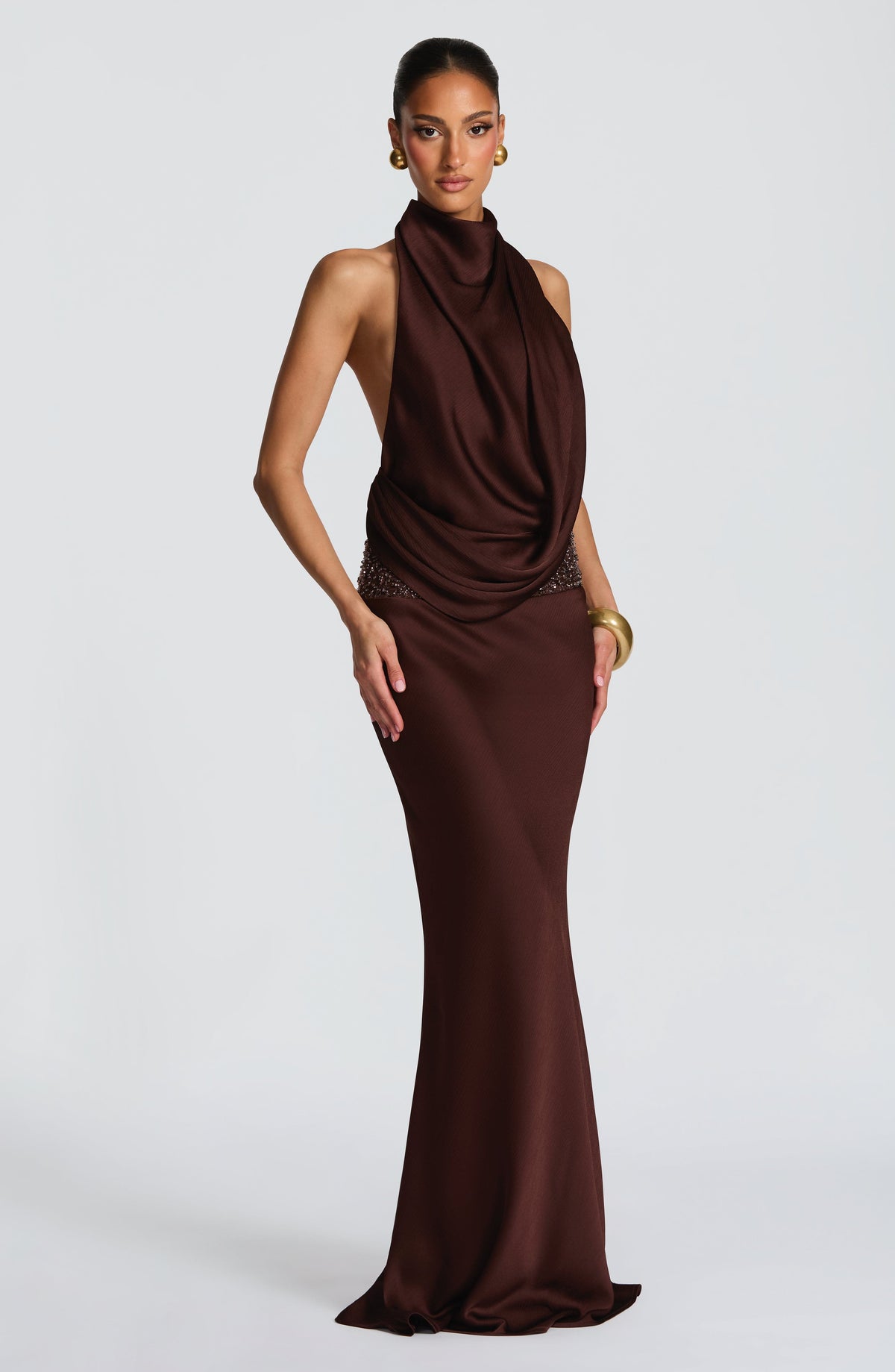 R.F Women's Dress Cowl Flare Plum Brown Satin Formal