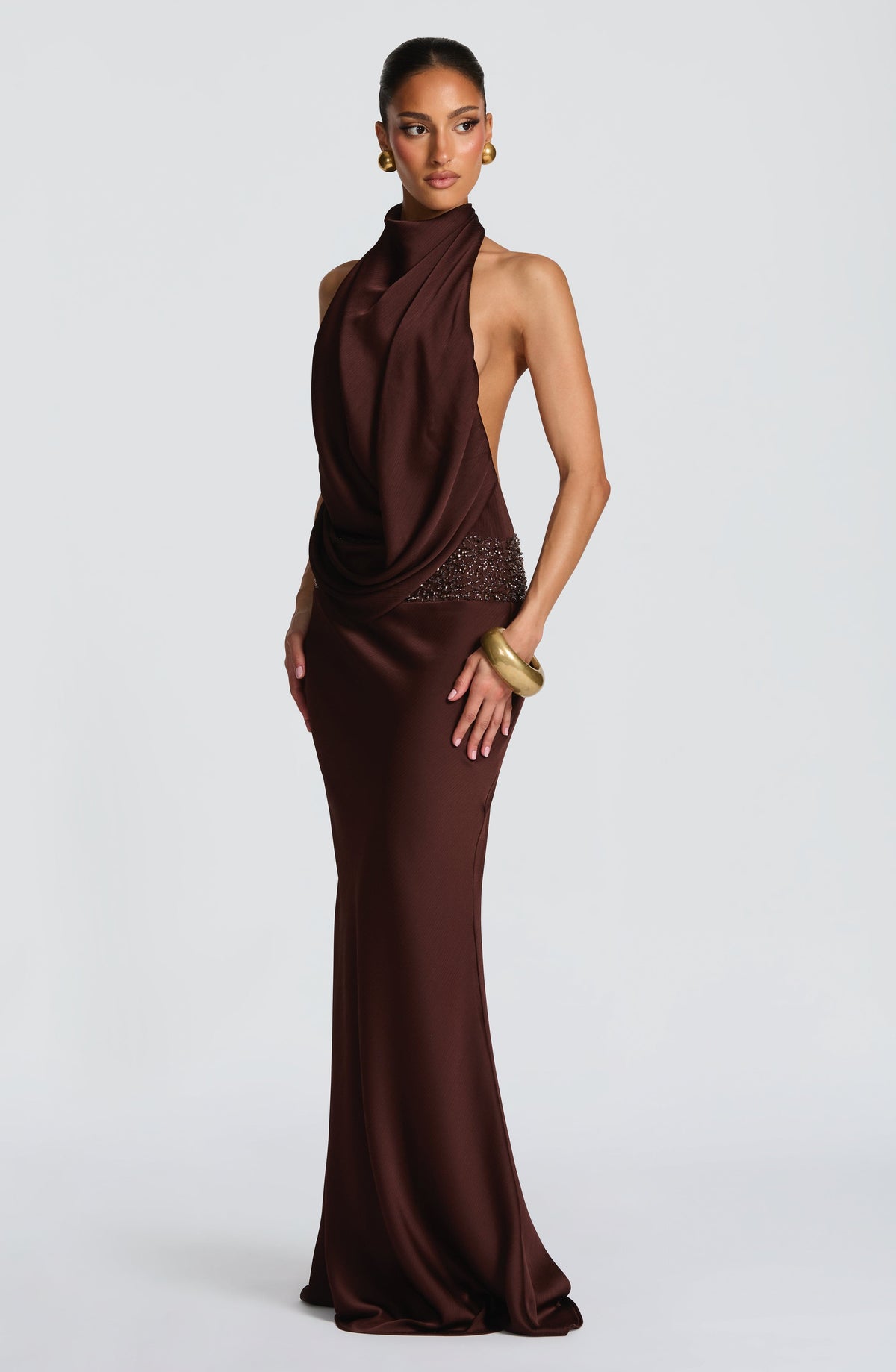 R.F Women's Dress Cowl Flare Plum Brown Satin Formal