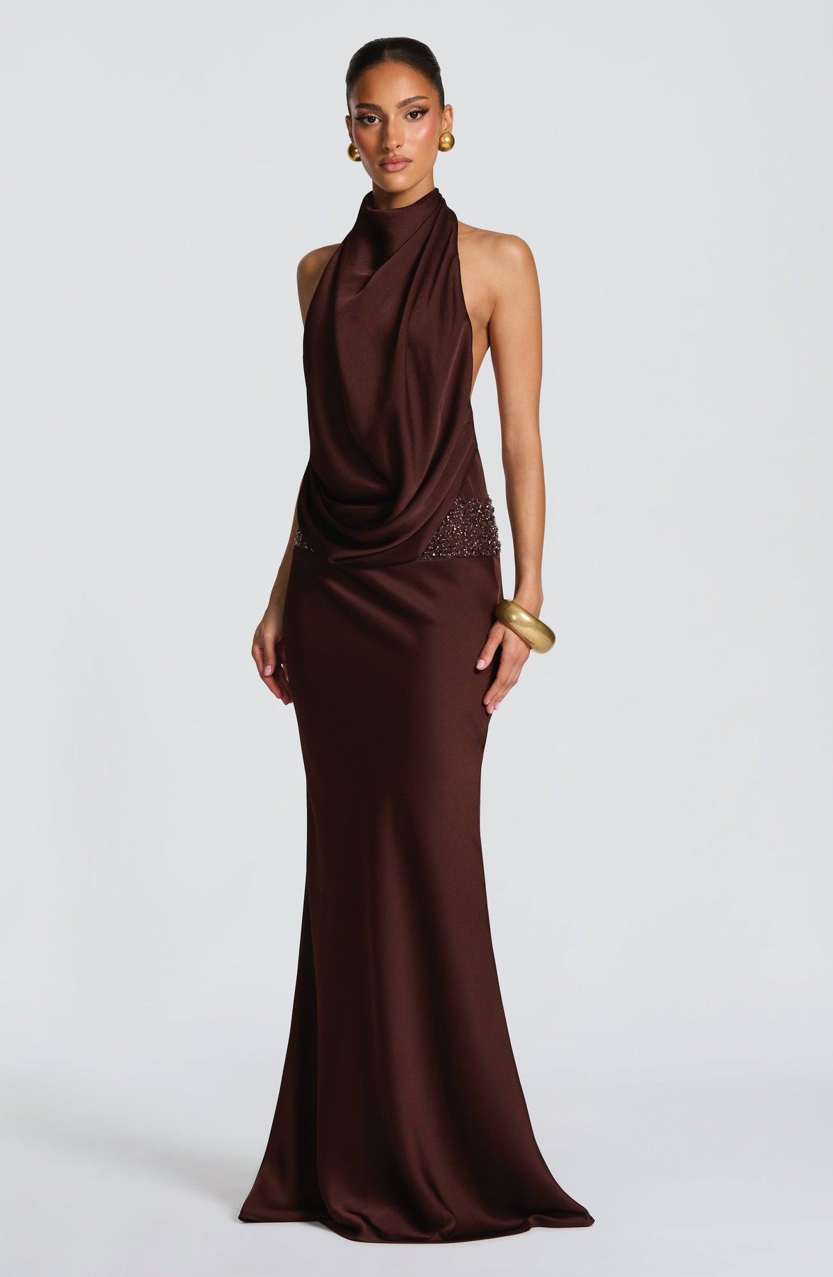 R.F Women's Dress Cowl Flare Plum Brown Satin Formal