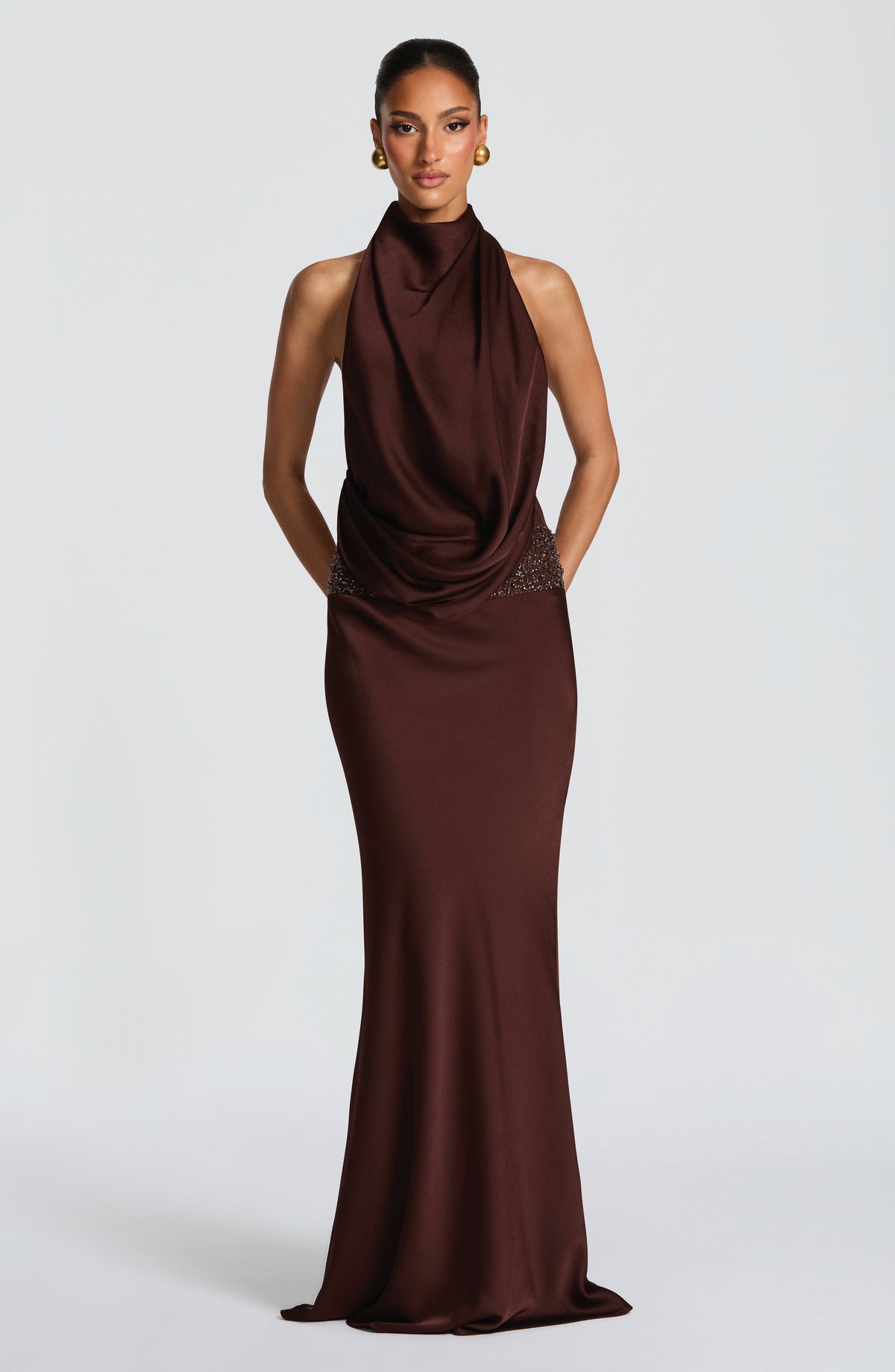 R.F Women's Dress Cowl Flare Plum Brown Satin Formal
