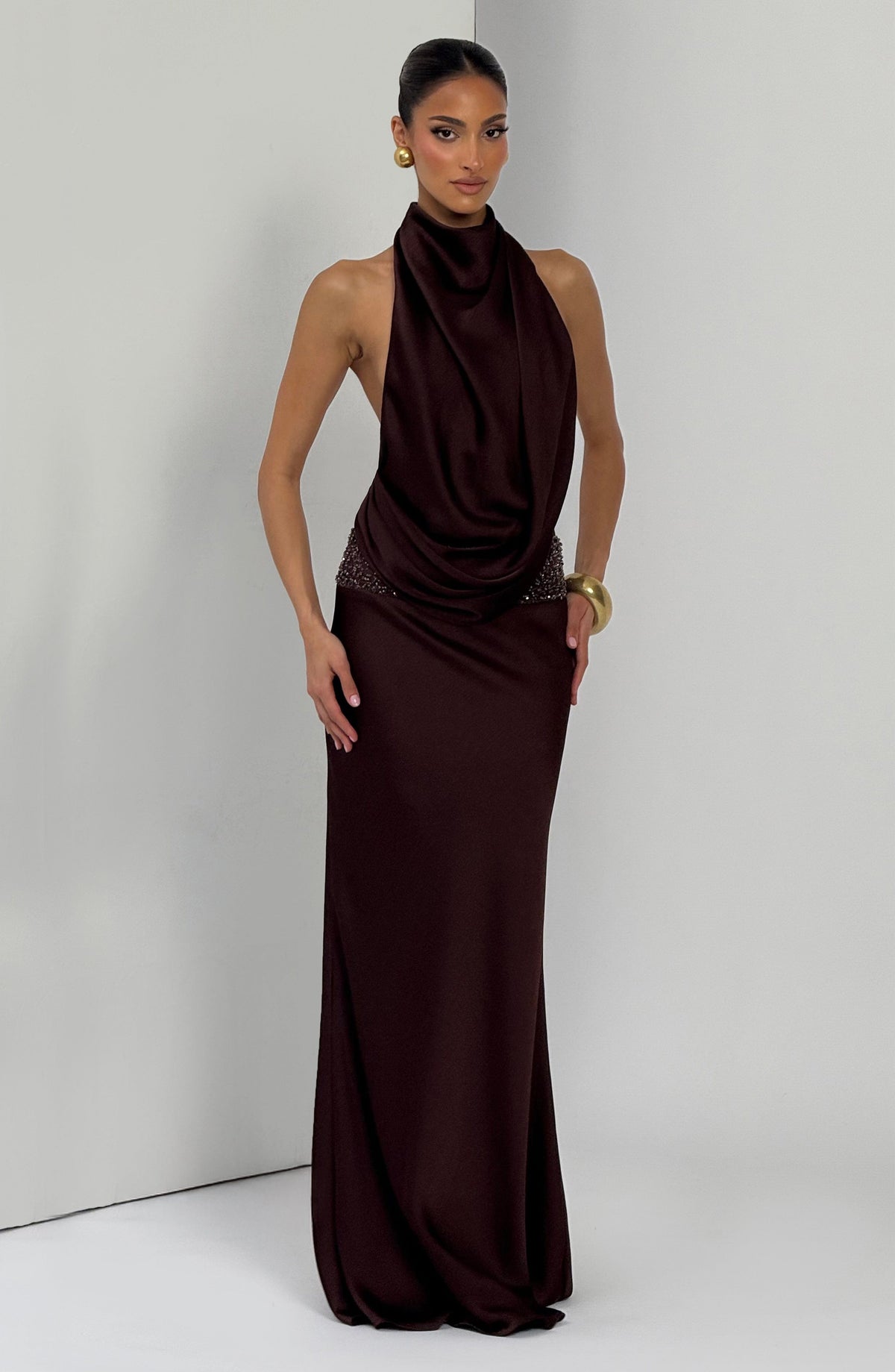 R.F Women's Dress Cowl Flare Plum Brown Satin Formal