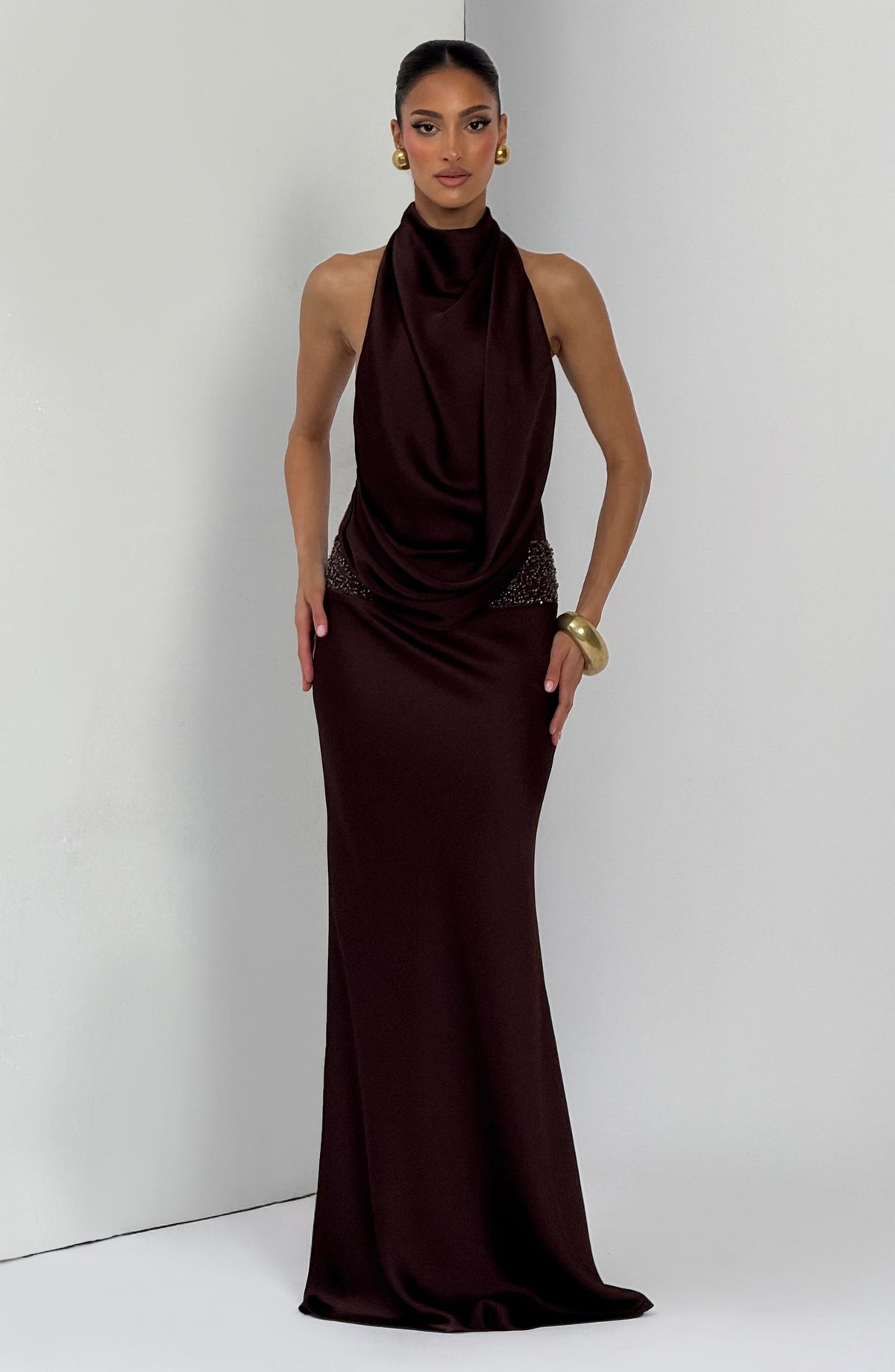 R.F Women's Dress Cowl Flare Plum Brown Satin Formal