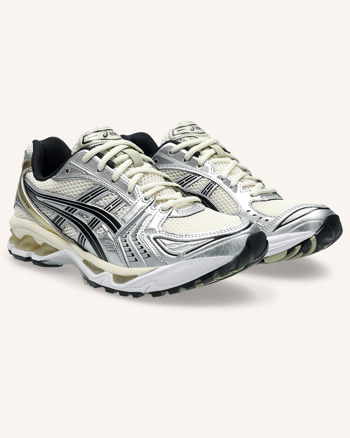 ASICS GEL-KAYANO 14 in Birch/Pure Silver, pair front view
