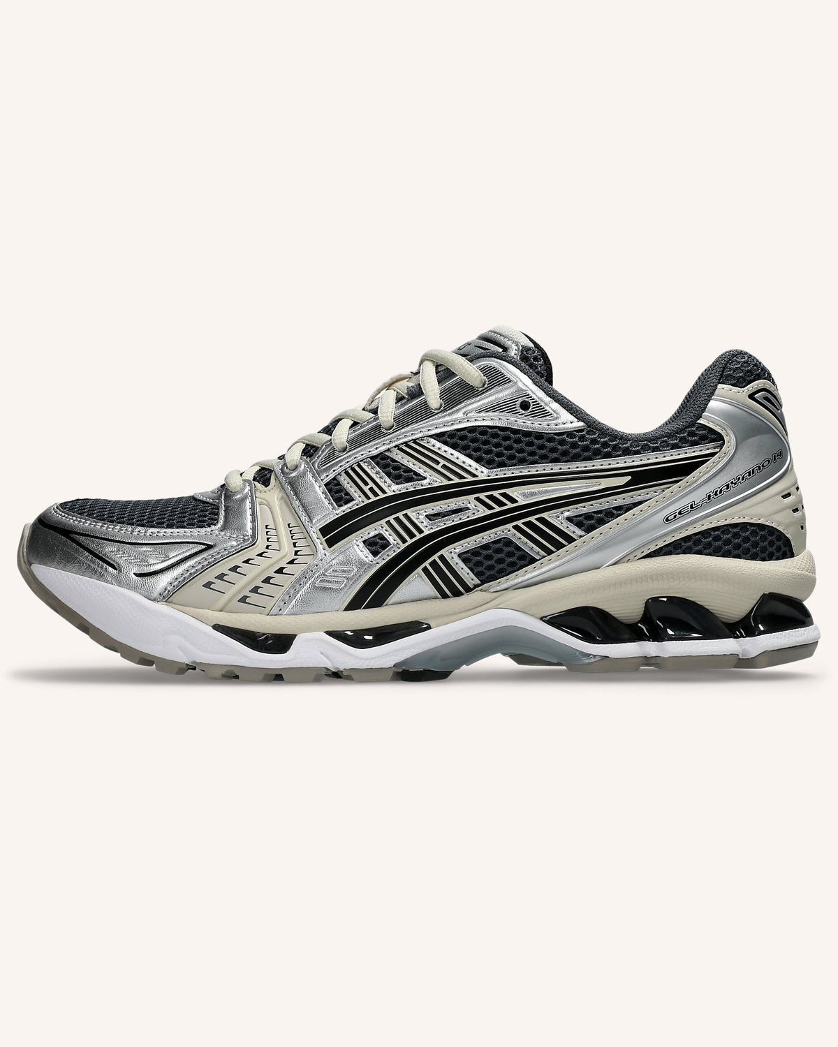 ASICS GEL-KAYANO 14 in Carrier Grey/Black, side view