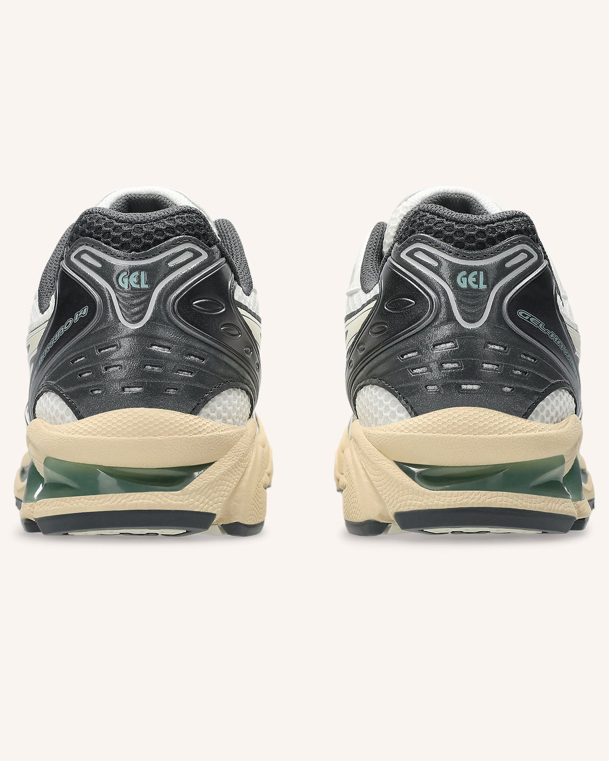 ASICS GEL-KAYANO 14 in Cream/Obsidian Grey, rear view