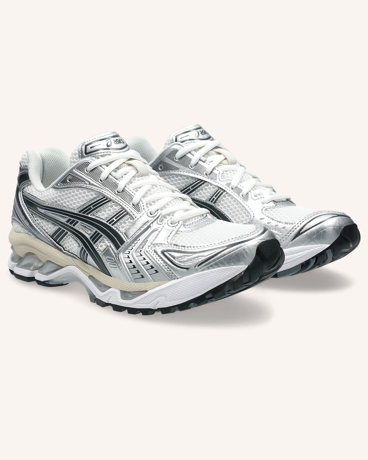 ASICS GEL-KAYANO 14 in White/Graphite Grey, pair front view