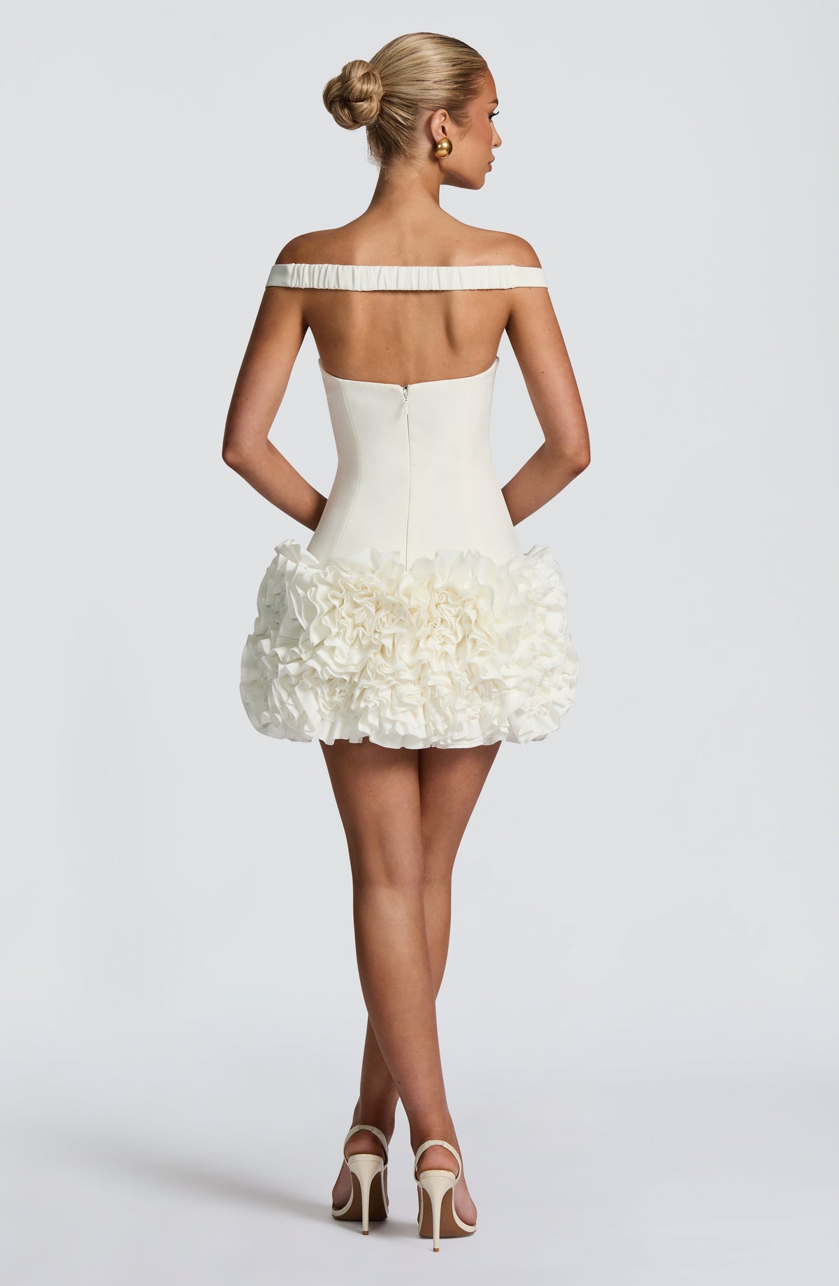 R.F Women's Dress Aveta Bardot Ivory Satin Ruffle Party