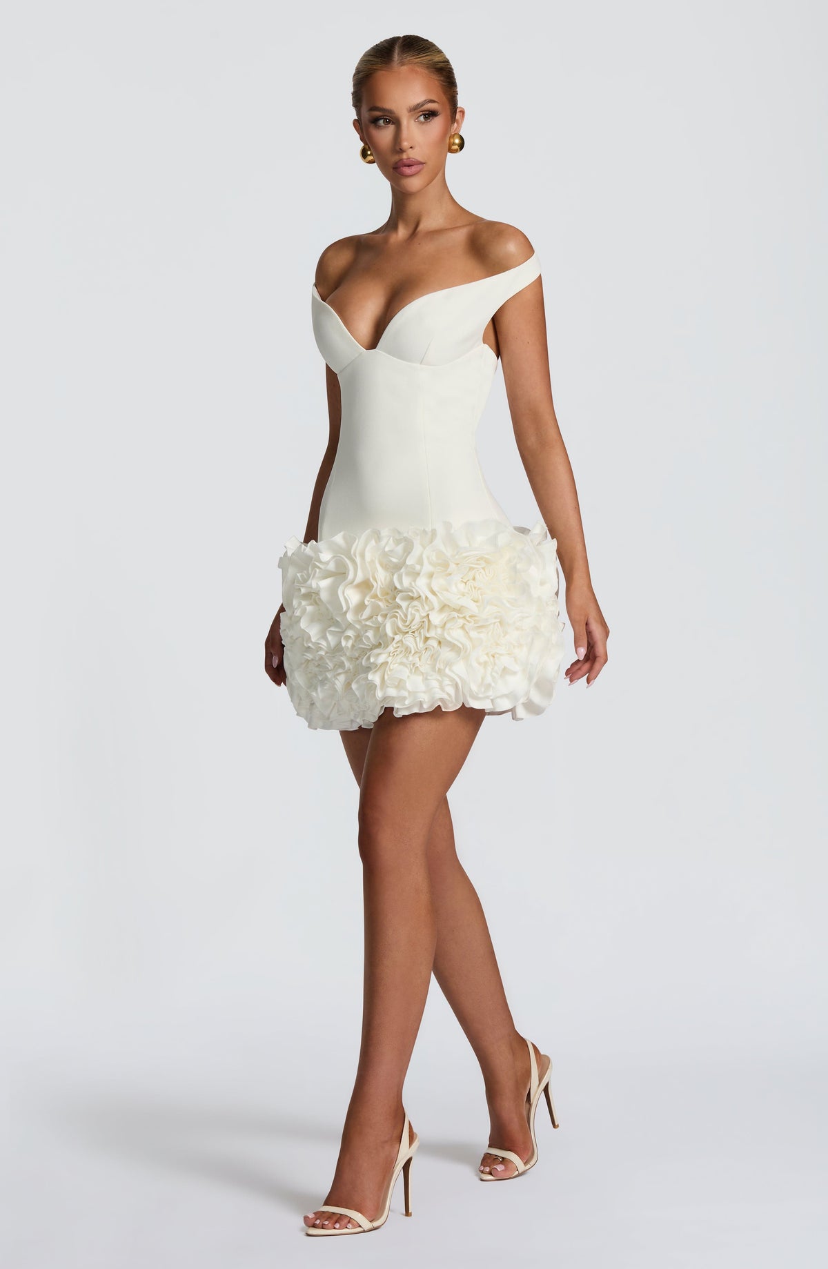 R.F Women's Dress Aveta Bardot Ivory Satin Ruffle Party