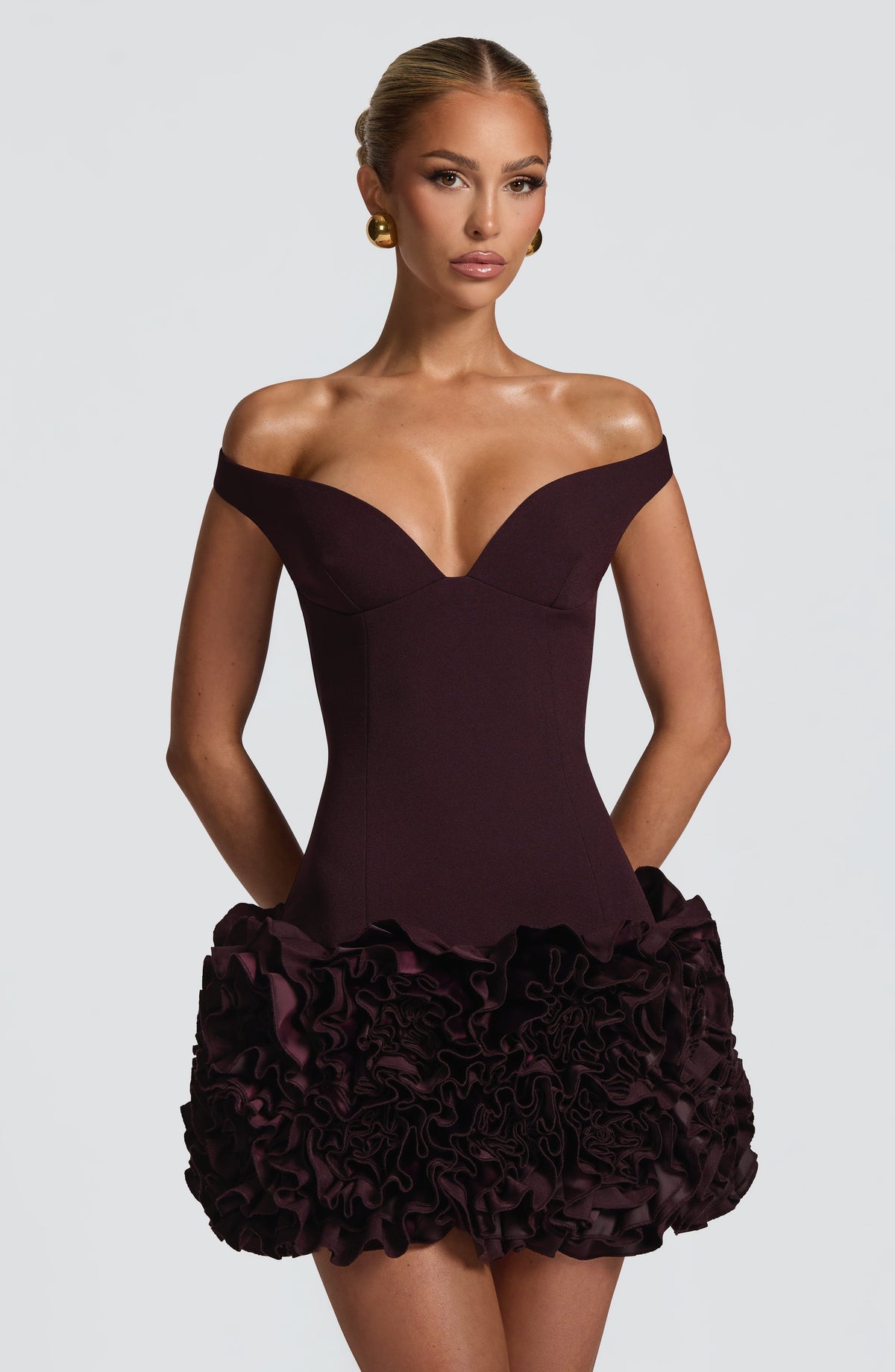 R.F Women's Dress Mini Bardot Plum Crepe Satin Party