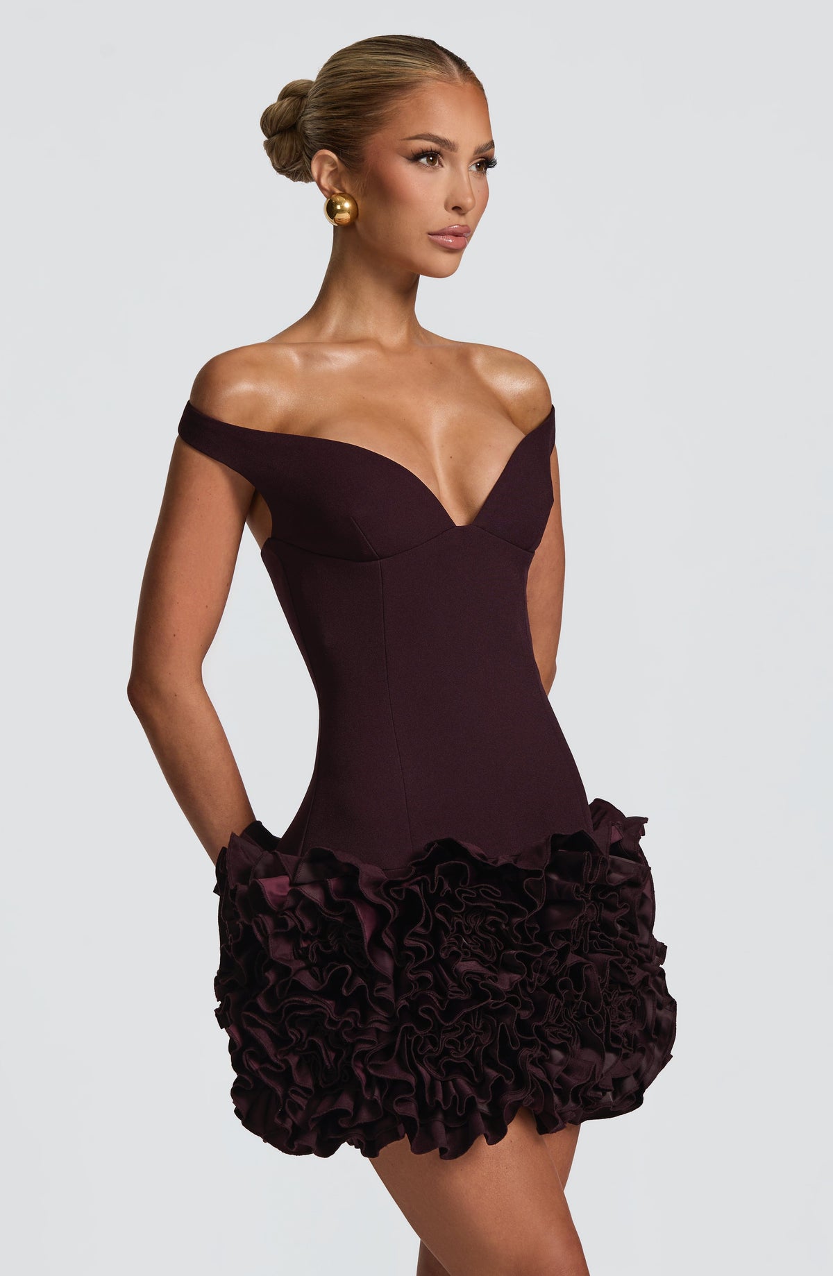 R.F Women's Dress Mini Bardot Plum Crepe Satin Party