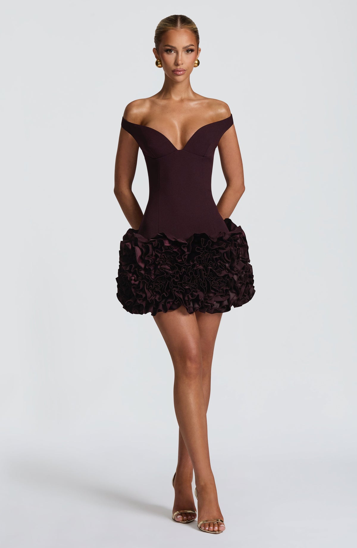 R.F Women's Dress Mini Bardot Plum Crepe Satin Party