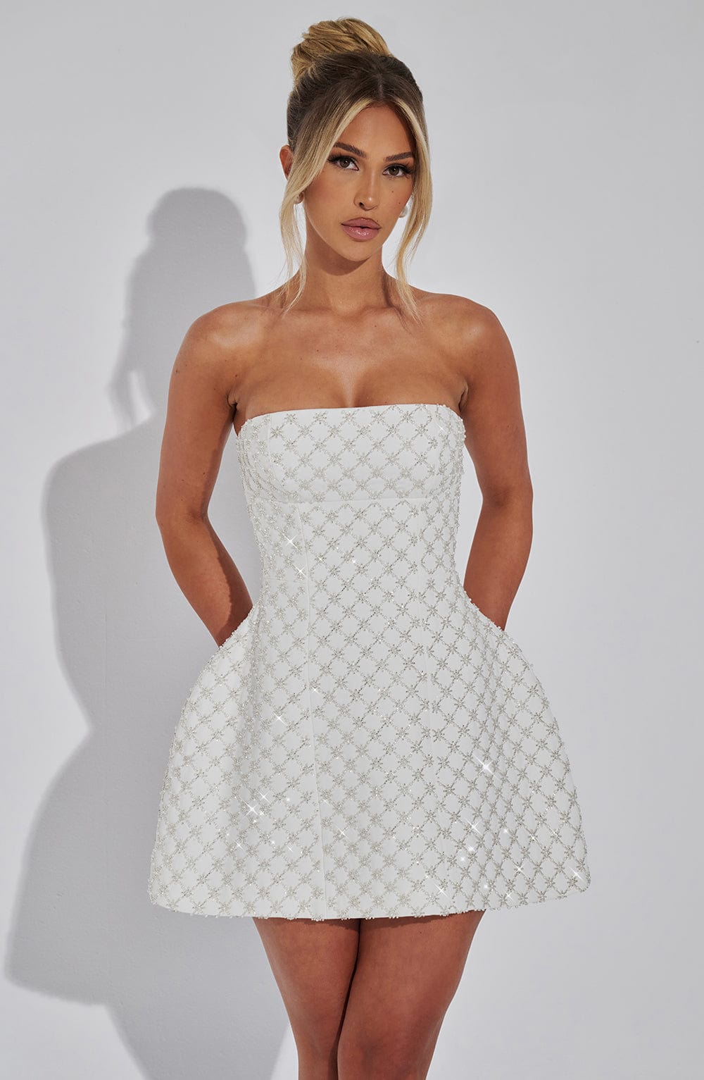 R.F Women's Dress Beatrice Strapless Bubble Hem Ivory Pearl Crepe Party