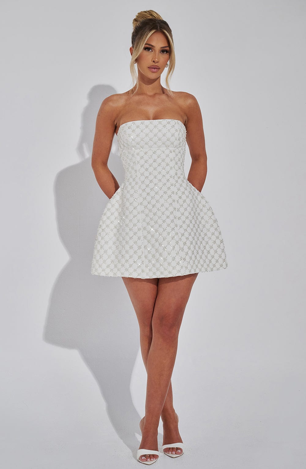 R.F Women's Dress Beatrice Strapless Bubble Hem Ivory Pearl Crepe Party