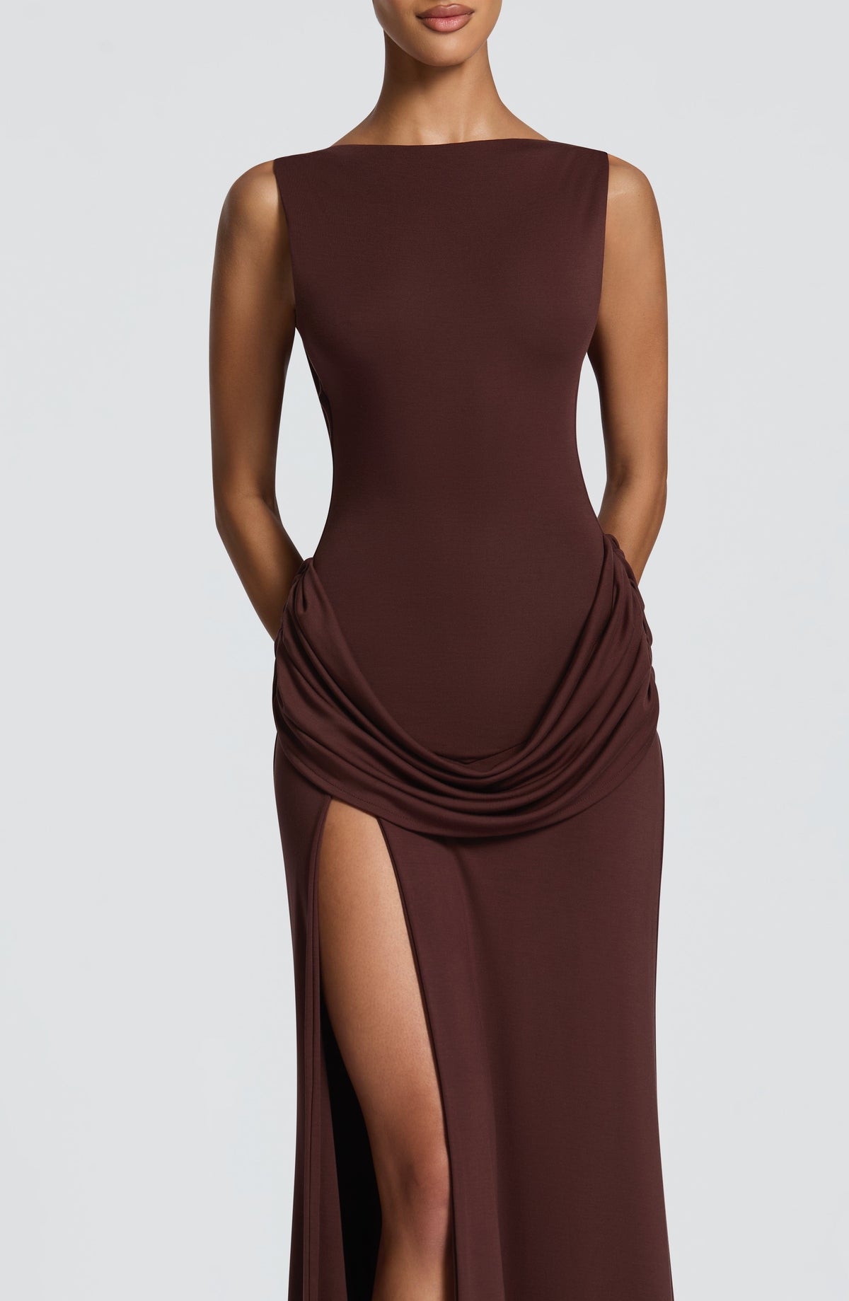 L.F Women's Dress Cowl Neck Maxi Plum Brown Modal Jersey Formal