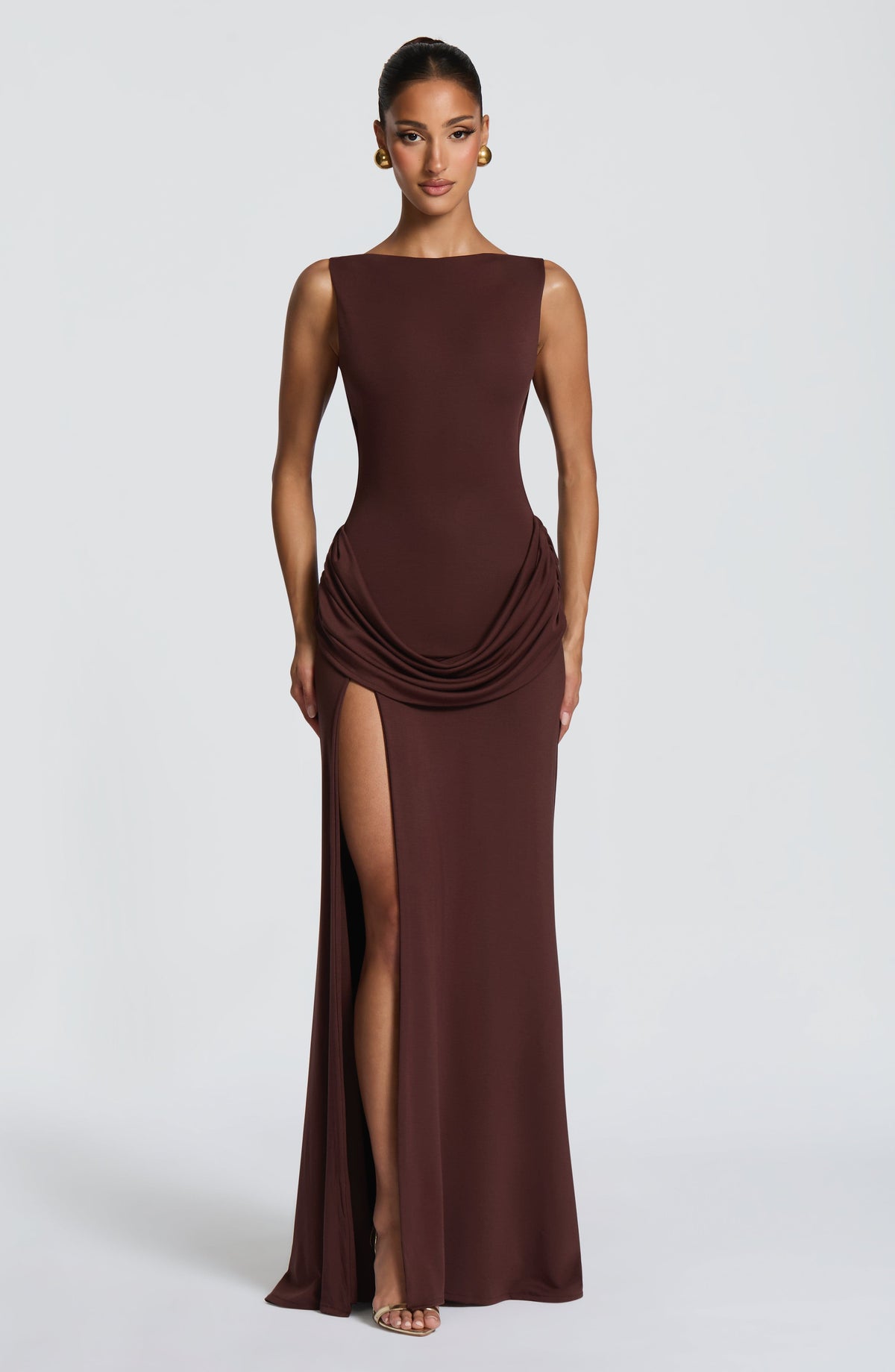 L.F Women's Dress Cowl Neck Maxi Plum Brown Modal Jersey Formal