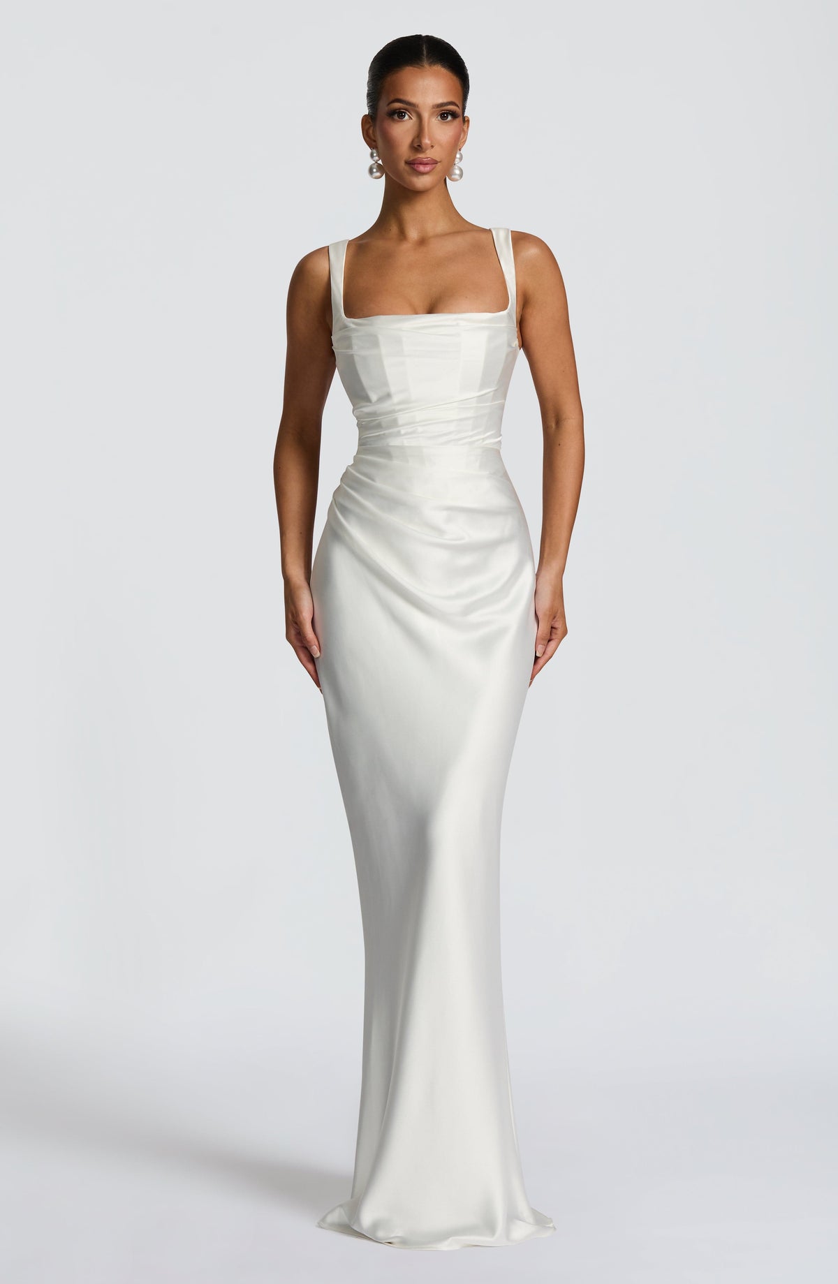 M.T Women's Dress Square Neck Ivory Satin Evening