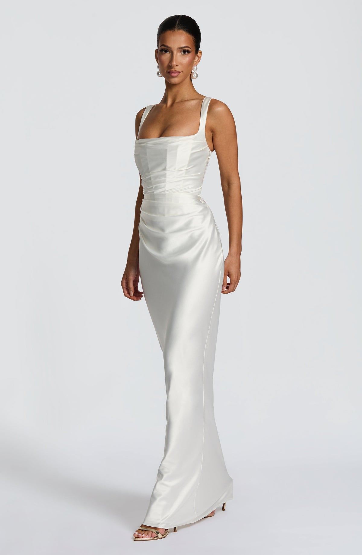 M.T Women's Dress Square Neck Ivory Satin Evening