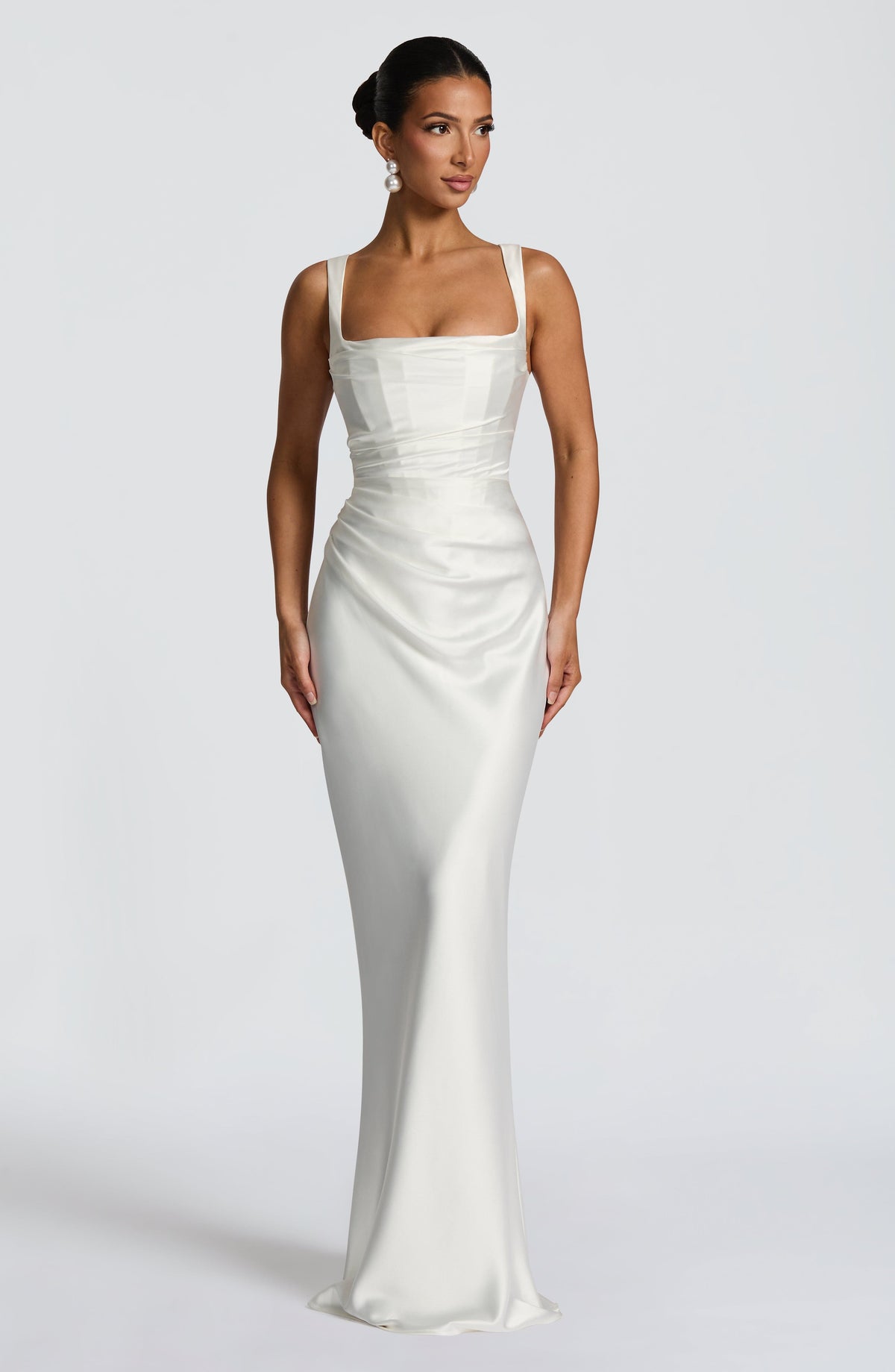 M.T Women's Dress Square Neck Ivory Satin Evening