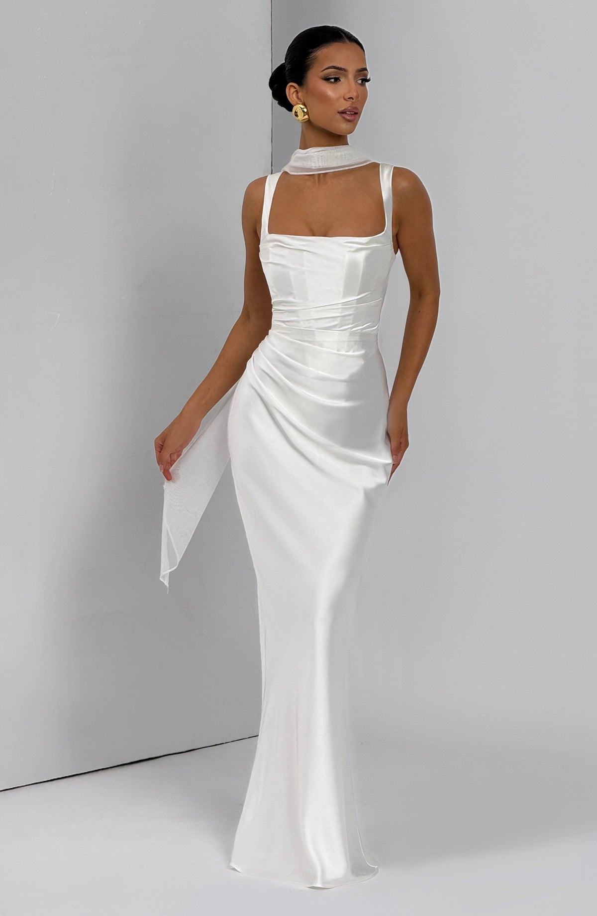 M.T Women's Dress Square Neck Ivory Satin Evening