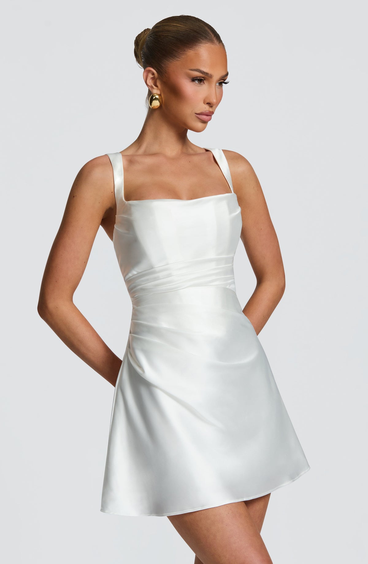 M.T Women's Dress Calanthe Square-Neck Ivory Pleated Satin Bridal Party Mini Dress